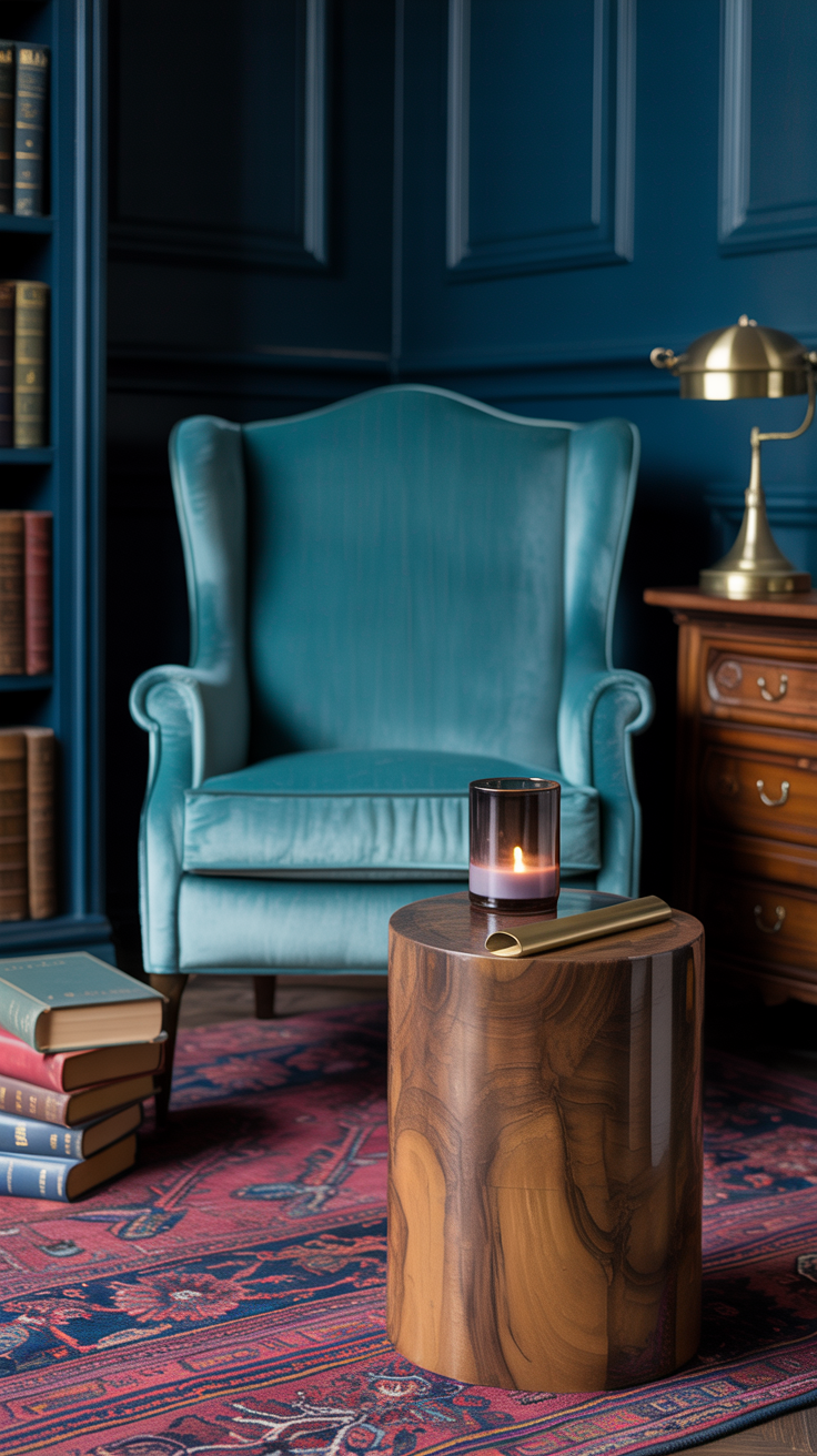 Medium shot, moody home library vignette: a teal velvet wingback armchair centered against deep charcoal-painted walls; to one side a brass pharmacy lamp, to the other a burled walnut side table topped with a smoky glass candle and brass bookmark; beneath, a Persian-style rug with burgundy and sapphire threads; leather-bound books stacked nearby; lighting is warm and focused, emphasizing jewel-tone drama; photorealistic, old-world meets modern comfort.