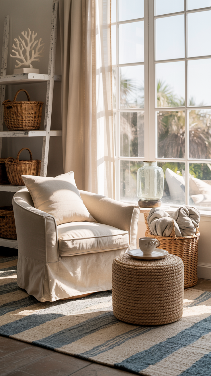 Wide, sunlit coastal corner by a bright window: a slipcovered linen swivel chair in soft sand angled toward the light; beside it a whitewashed ladder shelf with breezy baskets and a coral-inspired ceramic; a rope-knit ottoman serves as a tea perch; striped blue-and-ivory flatweave rug underfoot; accents include a glass jug lamp and a seagrass basket for throws; palette of sand, ivory, sea blue, driftwood; airy, sea-breeze feel; photorealistic.
