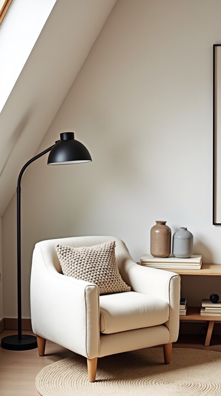 Wide shot, minimalist loft corner bathed in soft daylight: a creamy deep-seat bouclé armchair with rounded lines sits on a wool pebble rug; behind it, a low light-oak wood shelf holds stacks of paperbacks and a tiny ceramic vase; a matte black arc floor lamp casts a warm cone of light; palette of warm whites, sand, light oak with matte black accents; styled with an oat linen throw, an oversized knit pillow, and simple framed line art on the wall; photorealistic, calm and cloud-soft.