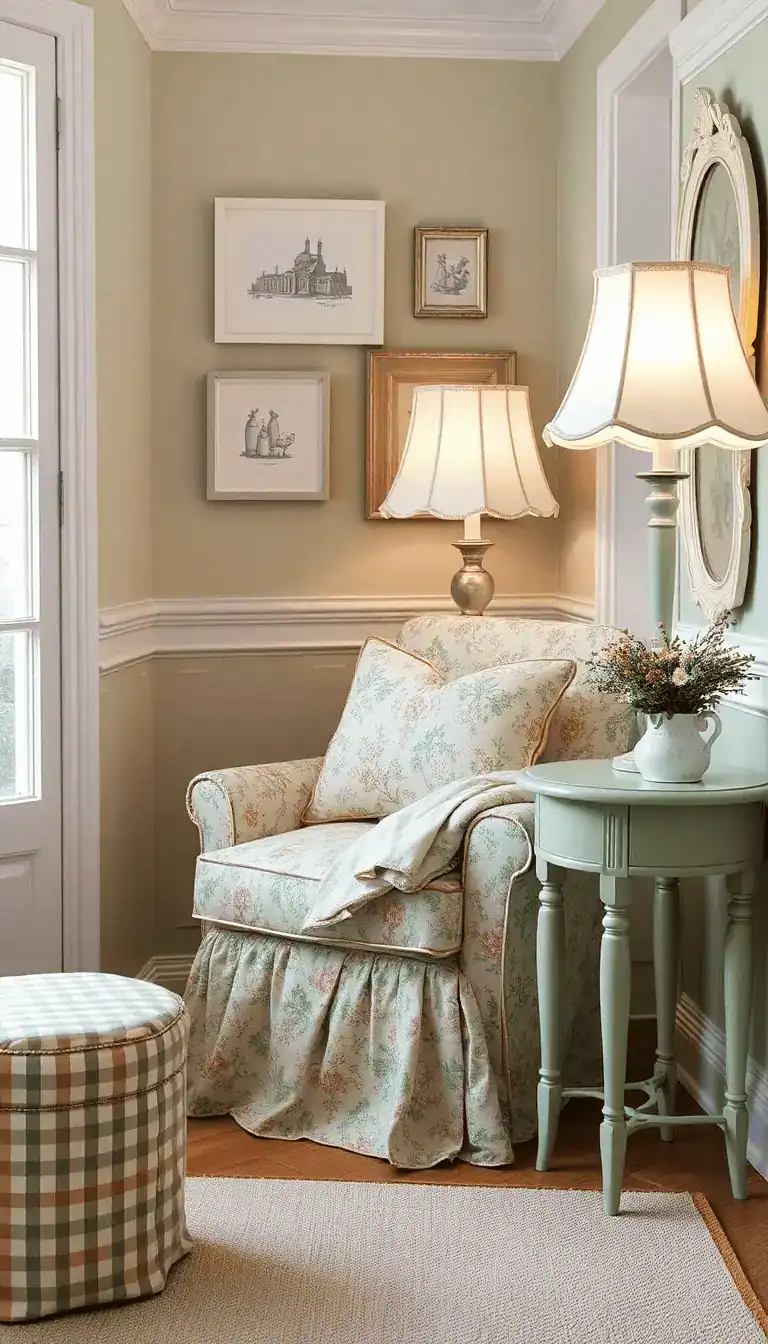 Medium shot, cottagecore window seat nook: a floral chintz English roll-arm chair layered with a hand-quilted throw and a needlepoint pillow; a ruffled floor lamp shade glows softly; a painted sage side table holds a petite pitcher of wildflowers; background shows scalloped picture frames and a gingham footstool; palette of sage, blush, buttercream, antique white; whimsical, storybook charm; photorealistic.