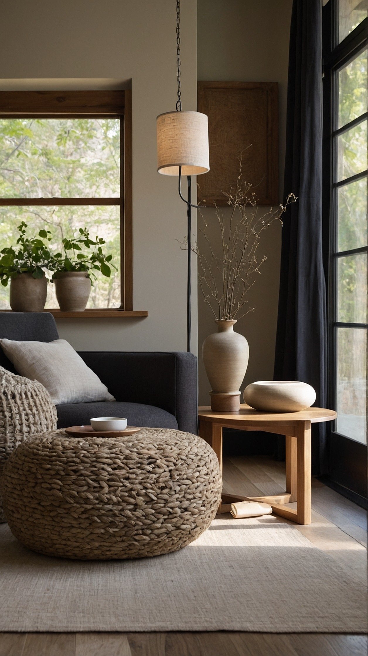 Detail closeup, Japandi textures: a low, sculptural armchair in nubby oatmeal fabric with a solid oak frame visibly peeking through; next to it a rounded stone side table holding a single ceramic mug; edges of a tatami-inspired rug in frame; soft glow from an overhead paper lantern pendant; minimal accessories—a simple branch in a vase, black-and-white pottery, and linen drapery in the background; palette of oatmeal, warm oak, stone gray, inky accents; serene and tactile; photorealistic.