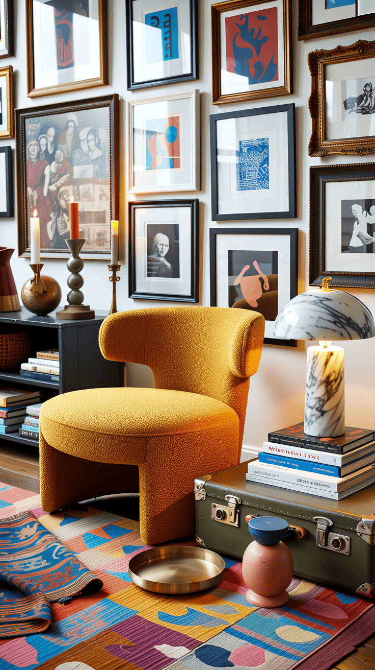 Medium shot, eclectic artist’s niche: a curvy mustard bouclé armchair pops against a gallery wall of mismatched frames; on the floor, a colorful kilim rug layers pattern; a vintage suitcase repurposed as a side table stacks art books, topped with a marble mushroom lamp; a block-printed throw drapes casually; sculptural candleholders, a brass tray, and playful ceramics sprinkled around; palette of mustard, rust, cobalt, blush, aged wood; lively, collected-over-time vibe; photorealistic.