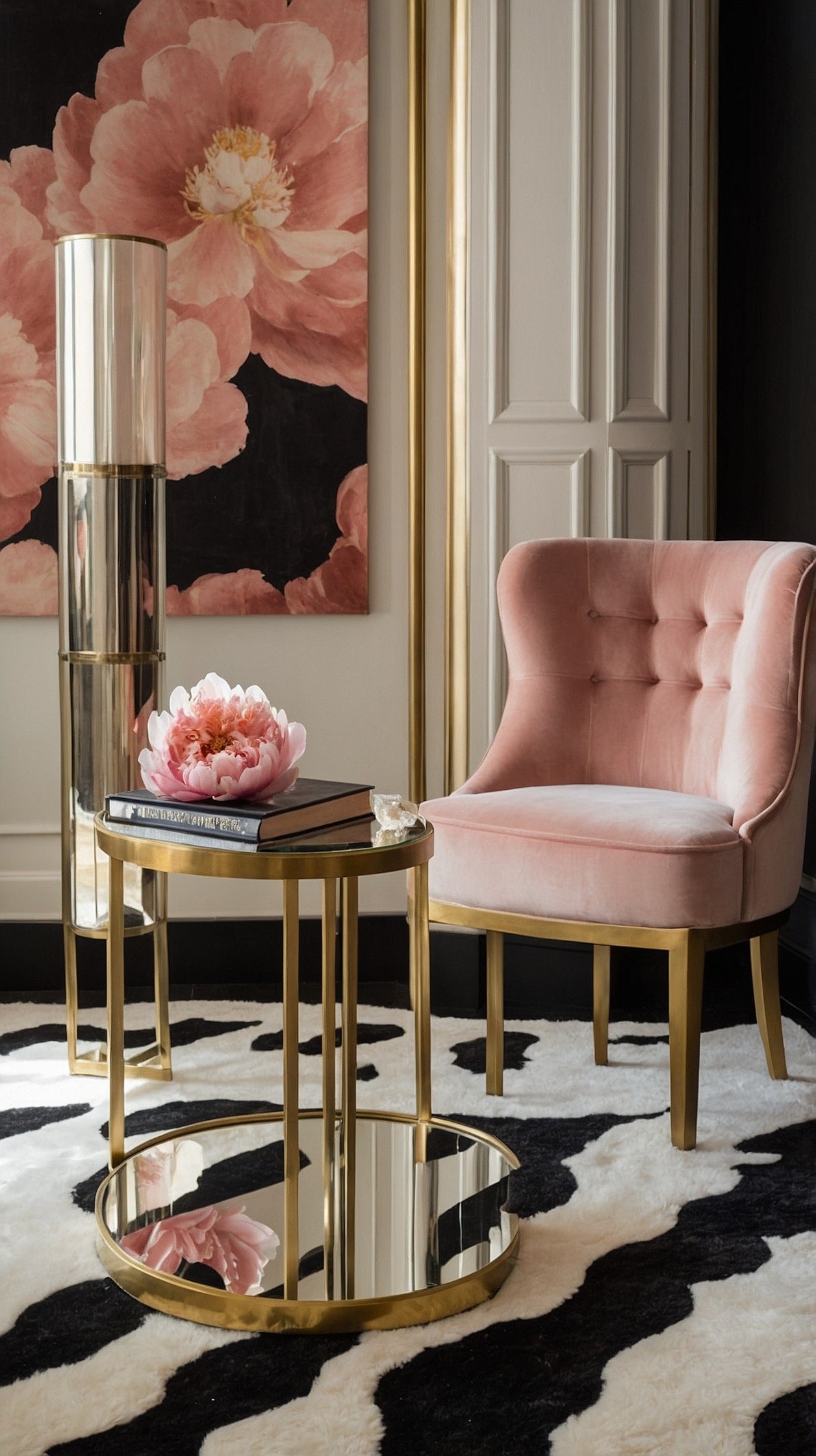 Medium shot, glam deco corner: a blush velvet barrel chair with brushed brass legs faces a round mirrored side table; a tall ribbed glass floor lamp casts a warm glow; beneath, a crisp black-and-white art deco rug; styled with a scalloped tray, crystal bookends, and peonies in a low vase; palette of blush, brass, black, ivory; luxurious, curved forms emphasized; photorealistic.