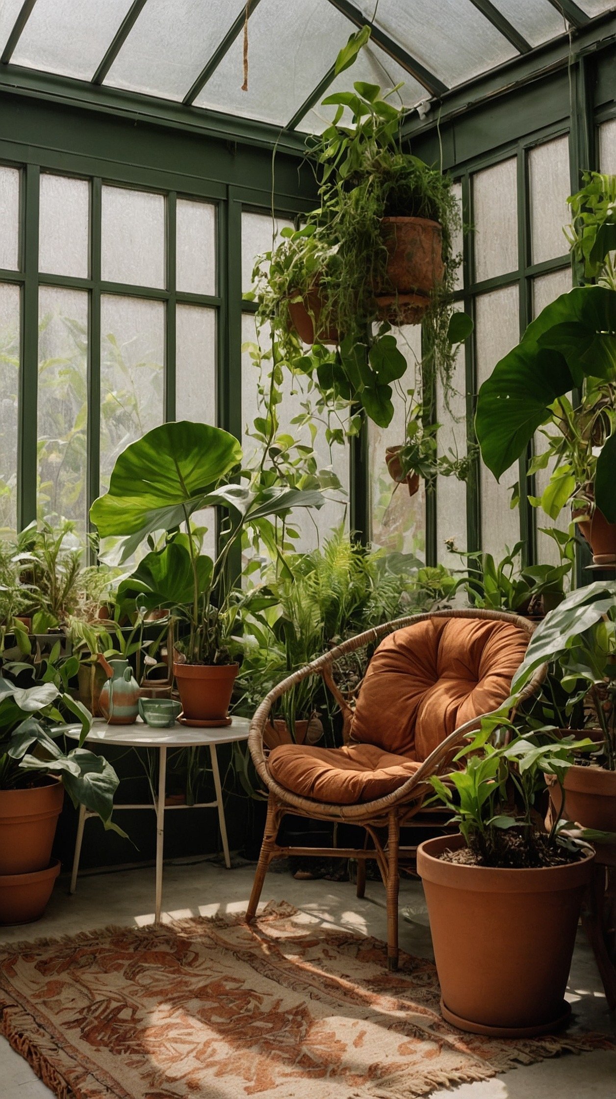 Wide, earthy boho greenhouse nook filled with plants: a wide rust corduroy armchair with deep arms anchors the scene under hanging pothos and ferns; a rattan side table holds a ceramic watering can; stacks of terracotta pots and a linen lumbar pillow accent the chair; a jute rug grounds the area, and a woven screen filters dappled natural light; botanical prints on the wall; palette of rust, terracotta, leafy green, natural rattan; lush and breathable; photorealistic.