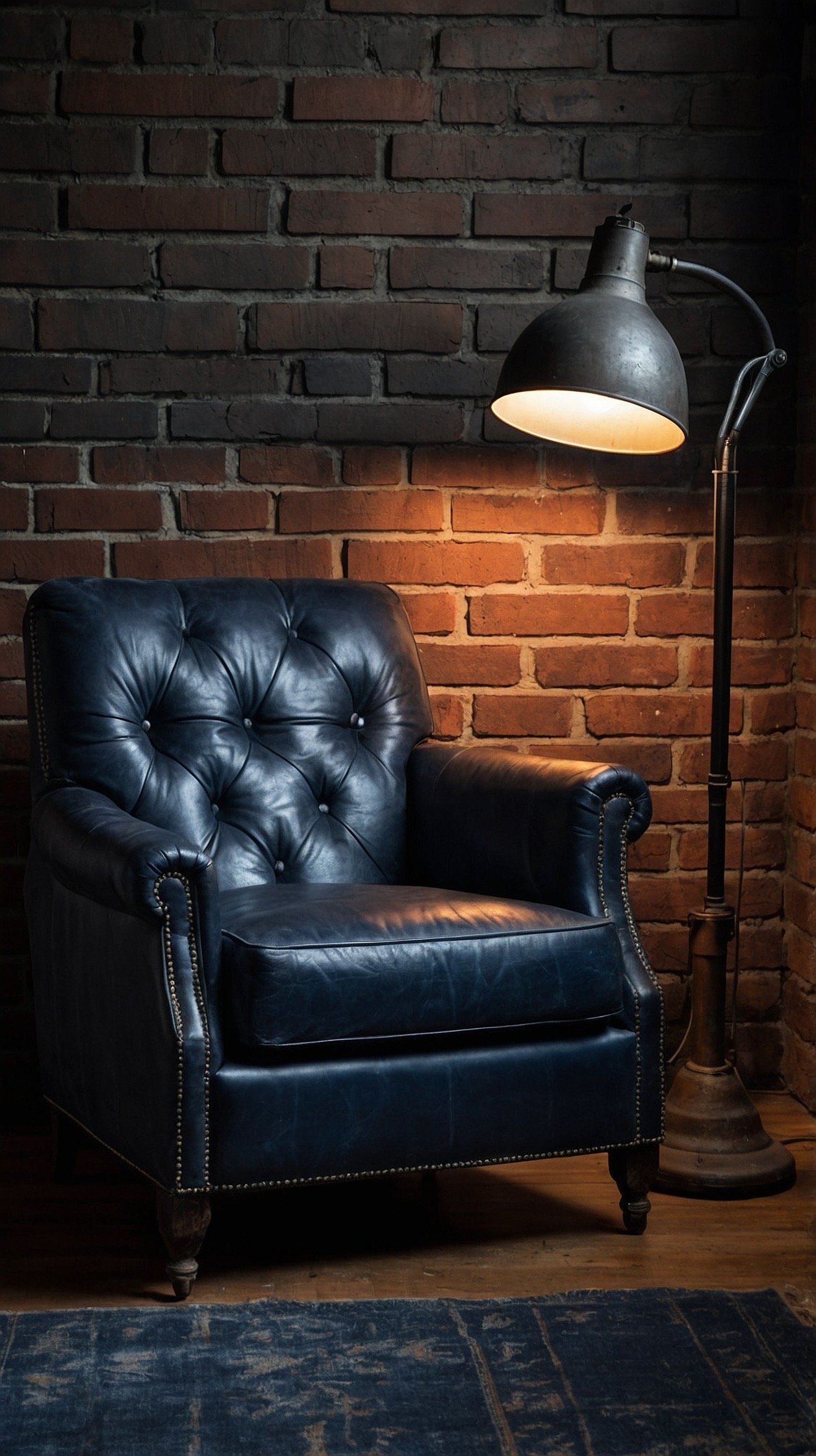Medium shot, urban industrial hideaway: a charcoal leather club chair with generous arms set against a brick or brick-look wall; a steel floor lamp with an adjustable arm arcs over the chair; a reclaimed wood crate serves as side table with metal bookends and a vintage clock; a faded indigo rug underfoot; a moody wall sconce adds after-dark ambiance; palette of charcoal, cognac, iron, indigo; gritty yet comforting; photorealistic.
