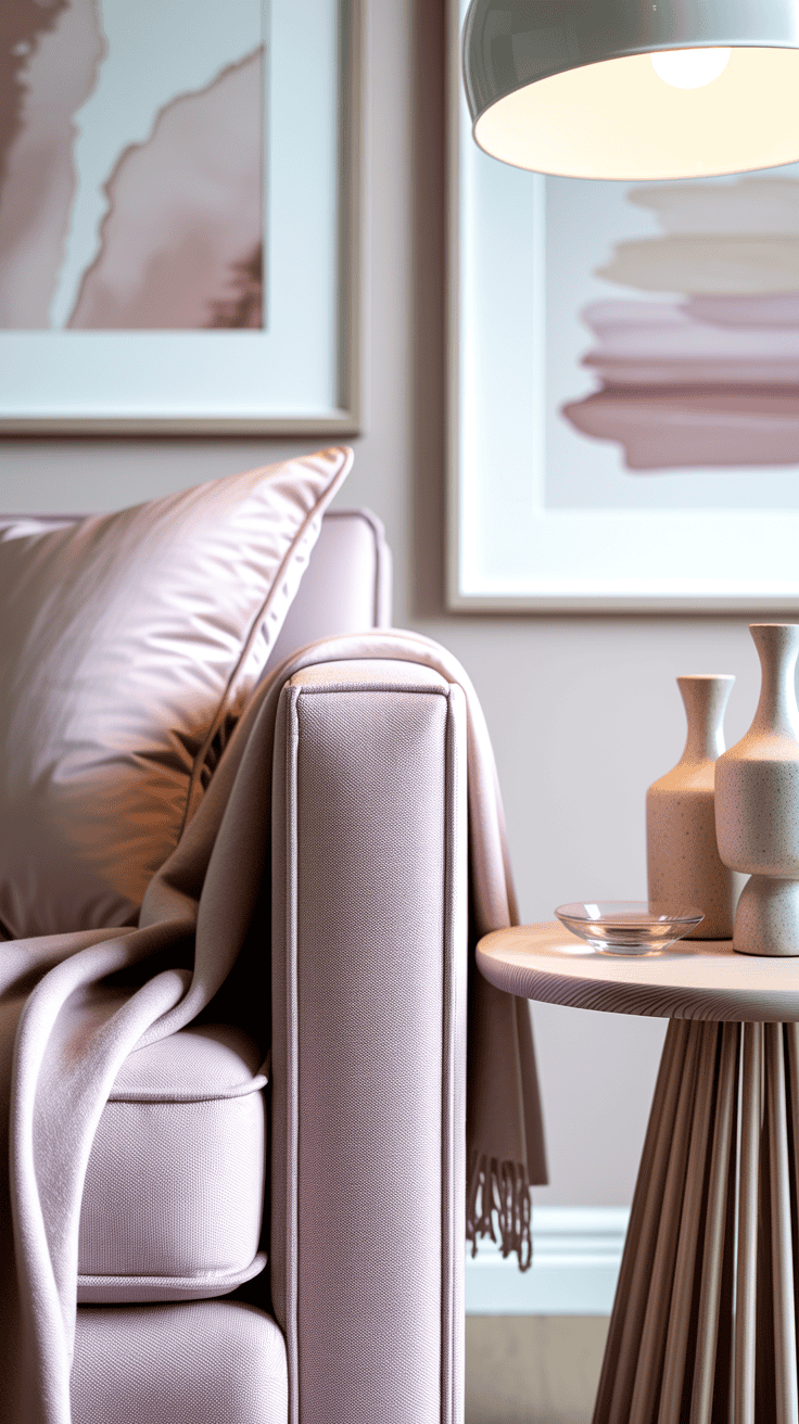 Detail closeup, soft modern pastels: the cushioned back and arm of a pale mauve pillow-back armchair with a cashmere throw draped over; edge of a light wood spindle side table holding ceramic bud vases and a small glass dish for page markers; background softly shows abstract pastel prints in oversized white mats and a watercolor-look rug in blush and mist; a white dome floor lamp diffuses gentle light; palette of mauve, blush, mist, blonde wood; soothing and airy; photorealistic.