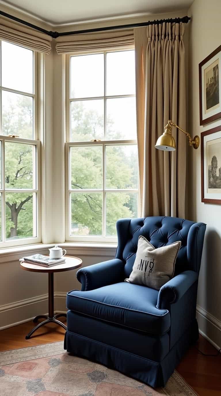 Wide, traditional bay window perch: a navy tufted Chesterfield armchair with rolled arms centered in the bay, afternoon sun raking across the upholstery; pinstriped curtains frame the windows; a brass swing-arm wall lamp and a slim pedestal table set for tea; a wool plaid rug anchors the space; monogrammed pillow on the chair, leather magazine sling beside, framed lithographs on the wall; palette of navy, brass, cream, walnut; classic and polished; photorealistic.
