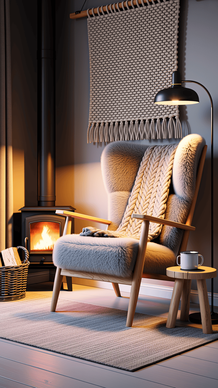 Wide, Scandinavian cabin corner with glow: a high-back sheepskin armchair with lean oak legs sits near a small cast-iron stove (or convincing faux), birch logs in a basket nearby; a woven wall tapestry hangs above, a chunky cable-knit throw draped over the chair; a black metal floor lamp with a dome shade creates cozy pools of light; enamel mug on a small stool; palette of soft gray, cream, natural wood, soot black; hygge warmth; photorealistic with gentle contrast.