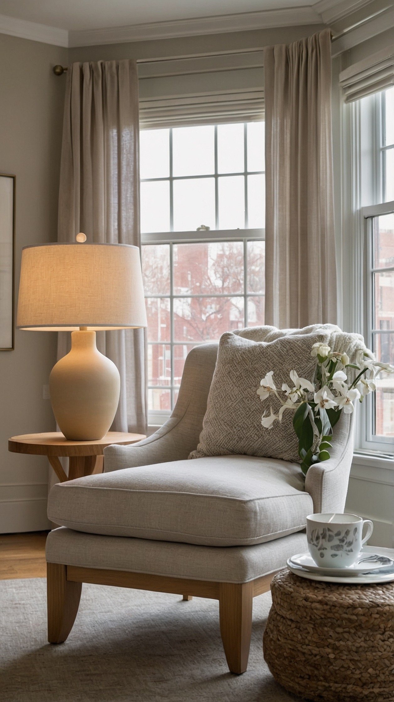 Medium shot, corner angle: An oversized ivory bouclé swivel chair with rounded arms tucked under a window, layered with a fog-gray minky throw and linen pillows in oat and mushroom tones; a light oak C-table slid over the seat holding a steaming teacup; a cone-shaded floor lamp casting a mellow warm glow; pale abstract print in a thin oak frame on the wall; palette of ivory, oat, mushroom, soft gray; materials bouclé, light oak, brushed brass; soft, hushed ambiance, photorealistic.
