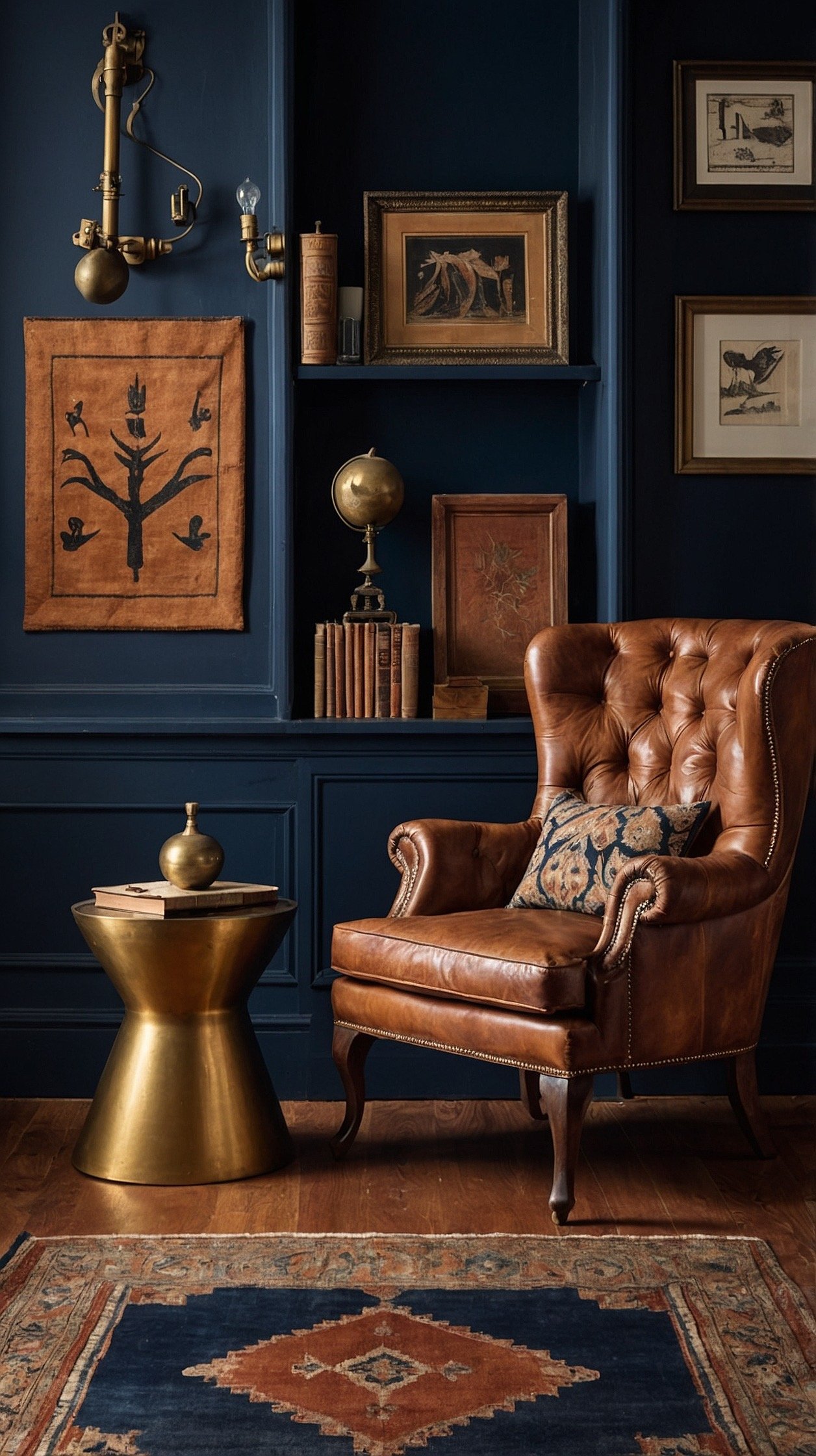 Wide shot, straight-on: A cognac tufted leather wingback chair set against inky navy walls with built-in shelves filled with hardcovers; an aged brass pharmacy lamp arcing over one arm; a Persian-style rug in rust and indigo grounding the scene; a slim marble-top side table holding a whiskey tumbler and brass bookmark; leather strap magazine holder nearby; textures of patinated leather, wool rug, marble; moody, clubby lighting, photorealistic.