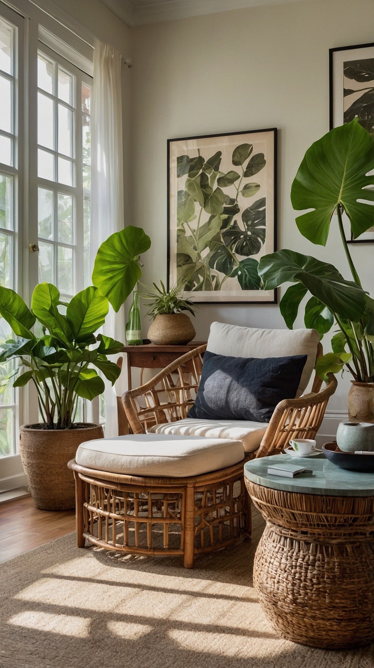 Medium shot, sunny corner angle: A curved rattan lounge chair with a cream cushion nestled by a bright window, surrounded by towering monstera and fiddle-leaf figs; jute rug underfoot; a teak drum table with a watering can and cup of mint tea; botanical prints in black frames forming a gallery wall; slim black floor lamp with a rattan shade; palette of leafy greens, tan, cream, teak; vibrant daylight streaming in, photorealistic.