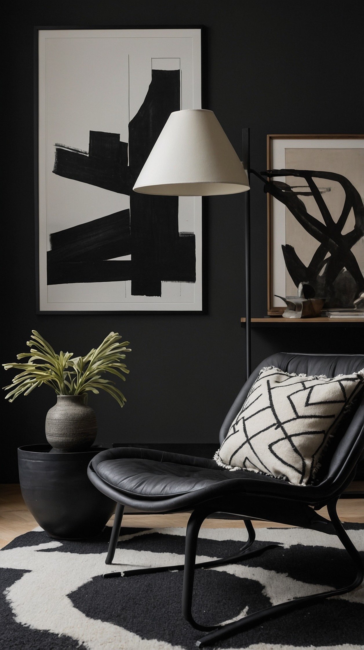 Detail closeup, three-quarter angle: A sculptural charcoal wool lounge chair on a low-pile black-and-ivory rug; a matte-black side table topped with a tiny concrete dish holding page markers; edge of an oversized black-and-white line drawing blurred in background; graphite cashmere throw draped casually; slim arc lamp creating moody directional light; palette of charcoal, ivory, matte black; materials wool, concrete, powder-coated metal; crisp, modern feel, photorealistic.