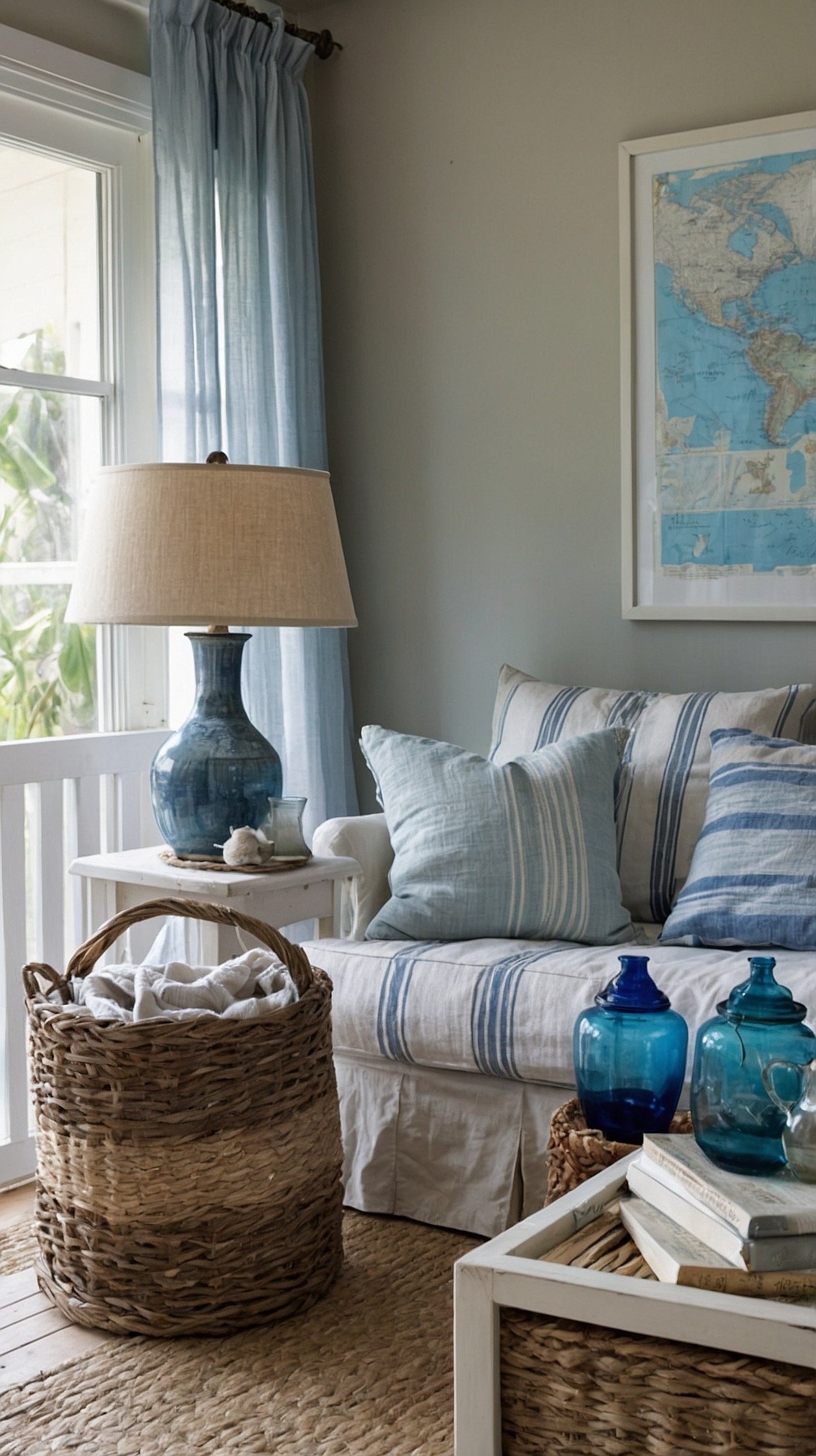 Wide shot, breezy window wall: A white slipcovered chair-and-a-half layered with pale blue striped pillows beside bare or lightly dressed sheer flax curtains; seagrass basket filled with rolled throws; weathered driftwood side table; glass jug lamp glowing softly; framed coastal map in navy ink on the wall; palette white, sky blue, sand; textures slipcover cotton, seagrass, driftwood; airy coastal daylight, photorealistic.