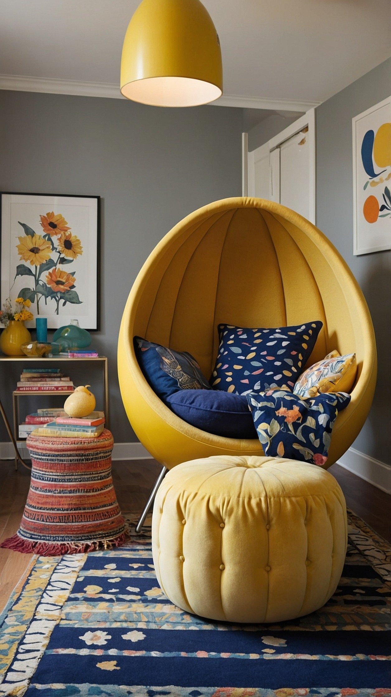 Medium shot, playful family nook: A sunflower-yellow egg chair offering a hug-like seat paired with a navy round pouf ottoman; washable patterned rug on the floor; floating front-facing book ledges in varying bright colors displaying picture books; a clip-on task light positioned to avoid glare on glossy pages; color-coded storage bins for books; palette sunflower, navy, white, pops of coral; cheerful, even lighting, photorealistic.