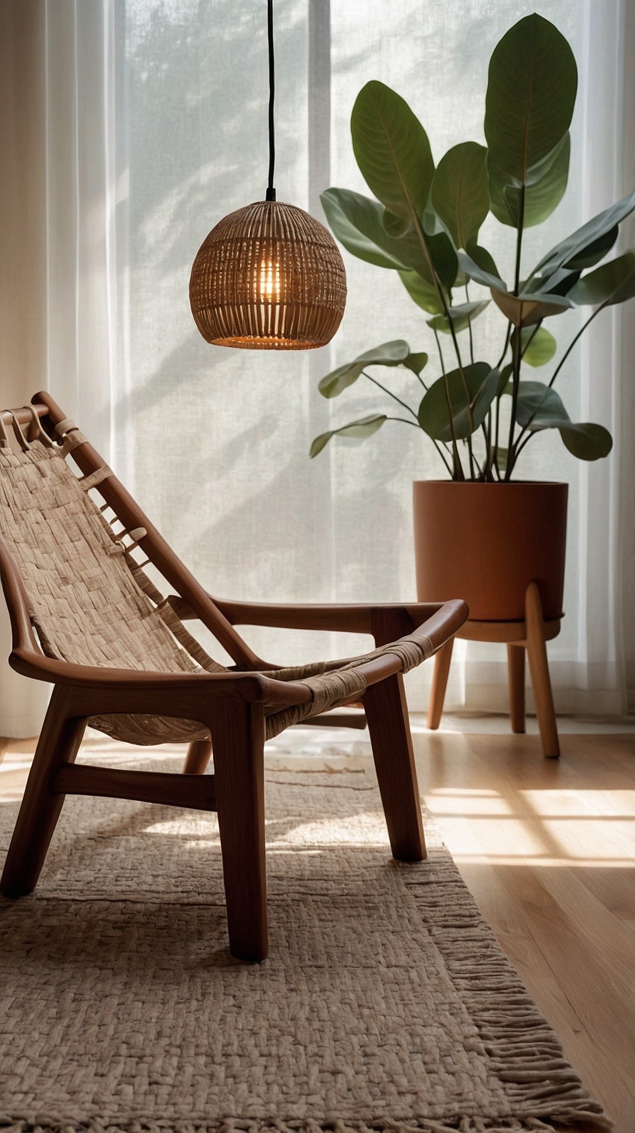 Detail shot, serene vignette: Low-profile saddle-brown leather sling chair on an oatmeal flat-weave rug next to a light ash cube table with softened edges; atop the table a ceramic tea set and a single sprig of eucalyptus in a bud vase; paper lantern lamp casting a warm diffused glow; walls in barely-there warm white; textures leather, ceramic, natural fiber, ash; calm, intentional Japandi mood, photorealistic.