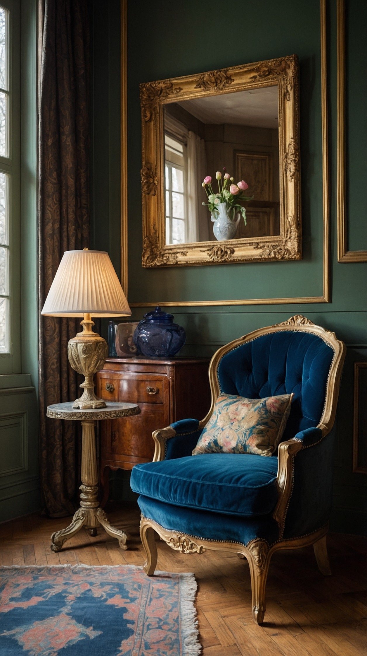 Medium shot, elegant parlor angle: A deep peacock velvet bergère with carved wood frame on a herringbone wood floor (or herringbone-patterned rug); gilt mirror reflecting light from a pleated-shade floor lamp; small marble bistro table with a stack of pocket-sized paperbacks and a bud vase of ranunculus; framed vintage French posters adding whimsy; palette peacock, antique gold, warm wood; refined evening glow, photorealistic.