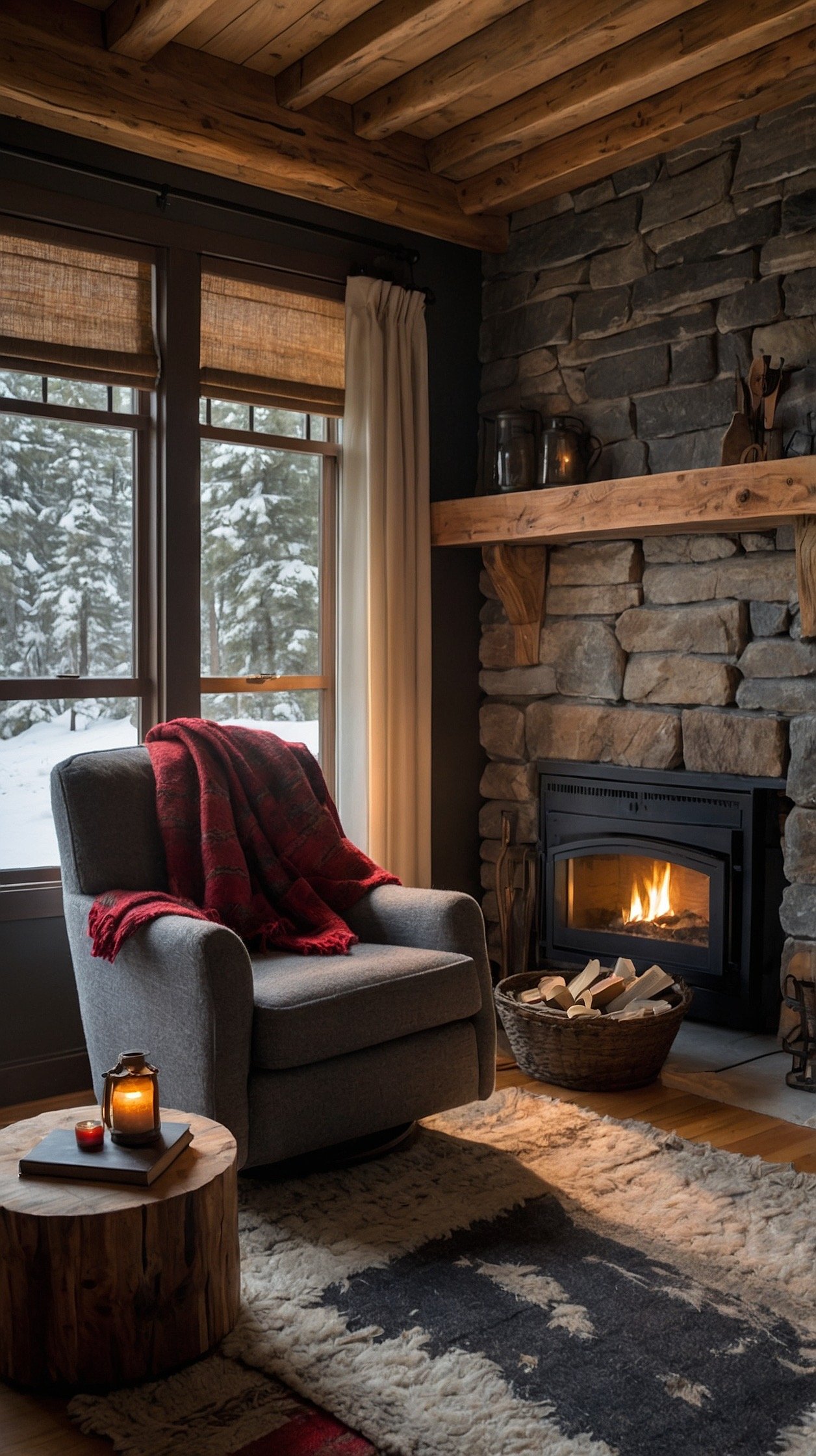Wide shot, cozy cabin corner: A chunky wool club chair in heathered charcoal facing a stacked stone accent wall; live-edge walnut side table holding a steaming mug and a thriller novel; red-and-ivory cabin throw draped over the arm; iron lantern-style lamp providing warm, fireside-like light; braided jute rug; rugged metal basket with logs or board games; palette charcoal, walnut, iron black, rustic red; tactile wool, stone, jute, iron; snug, photorealistic.