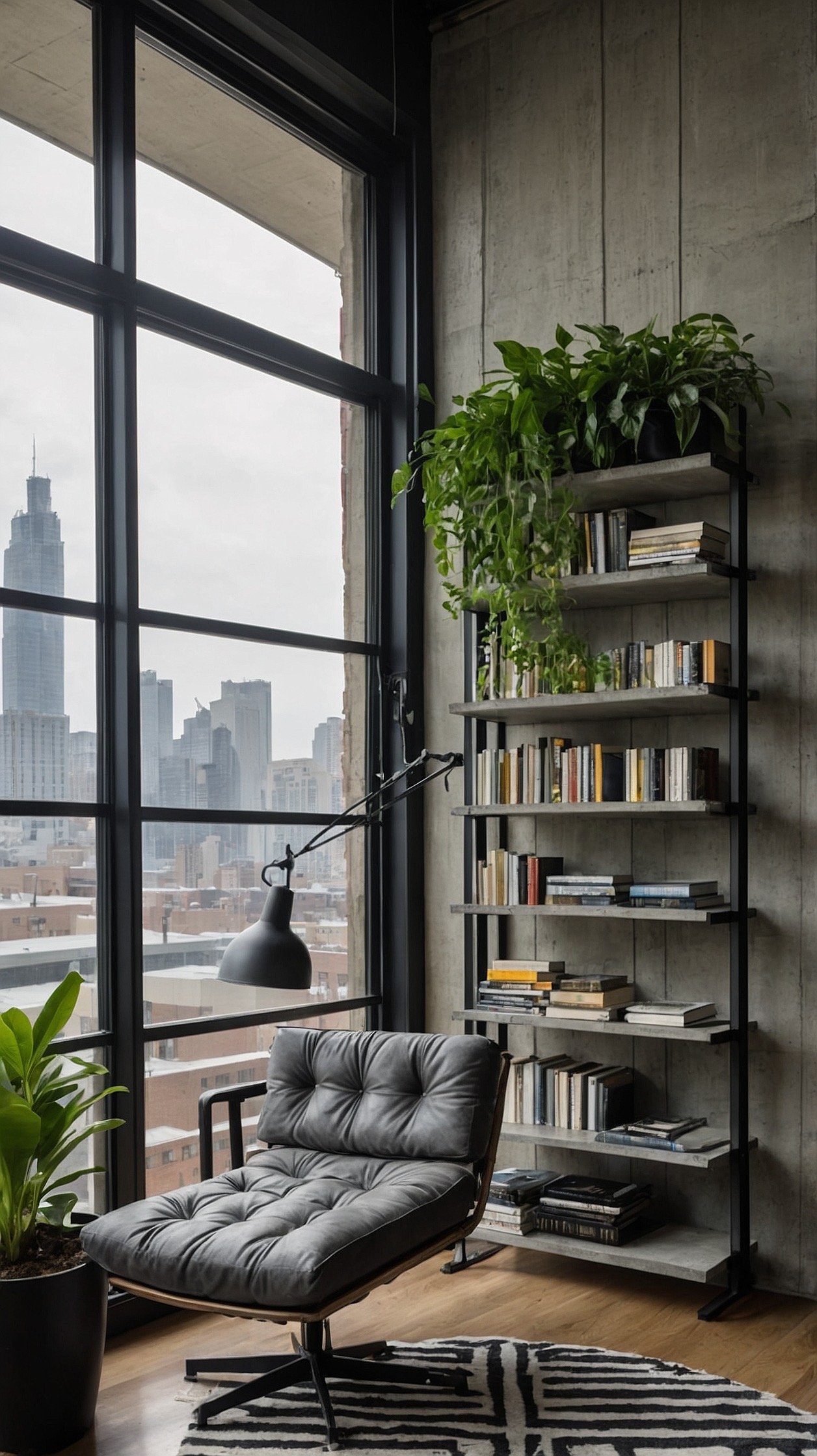 Medium shot, urban window ledge view: A slim armless slate accent chair positioned against a full-height window with cityscape beyond; black metal ladder shelf holding novels and a trailing pothos; cowhide rug adding movement without bulk; matte-black task light clipped to the shelf; concrete pedestal with a small espresso; palette slate, black, concrete gray, greenery; materials metal, concrete, hide; crisp industrial daylight, photorealistic.