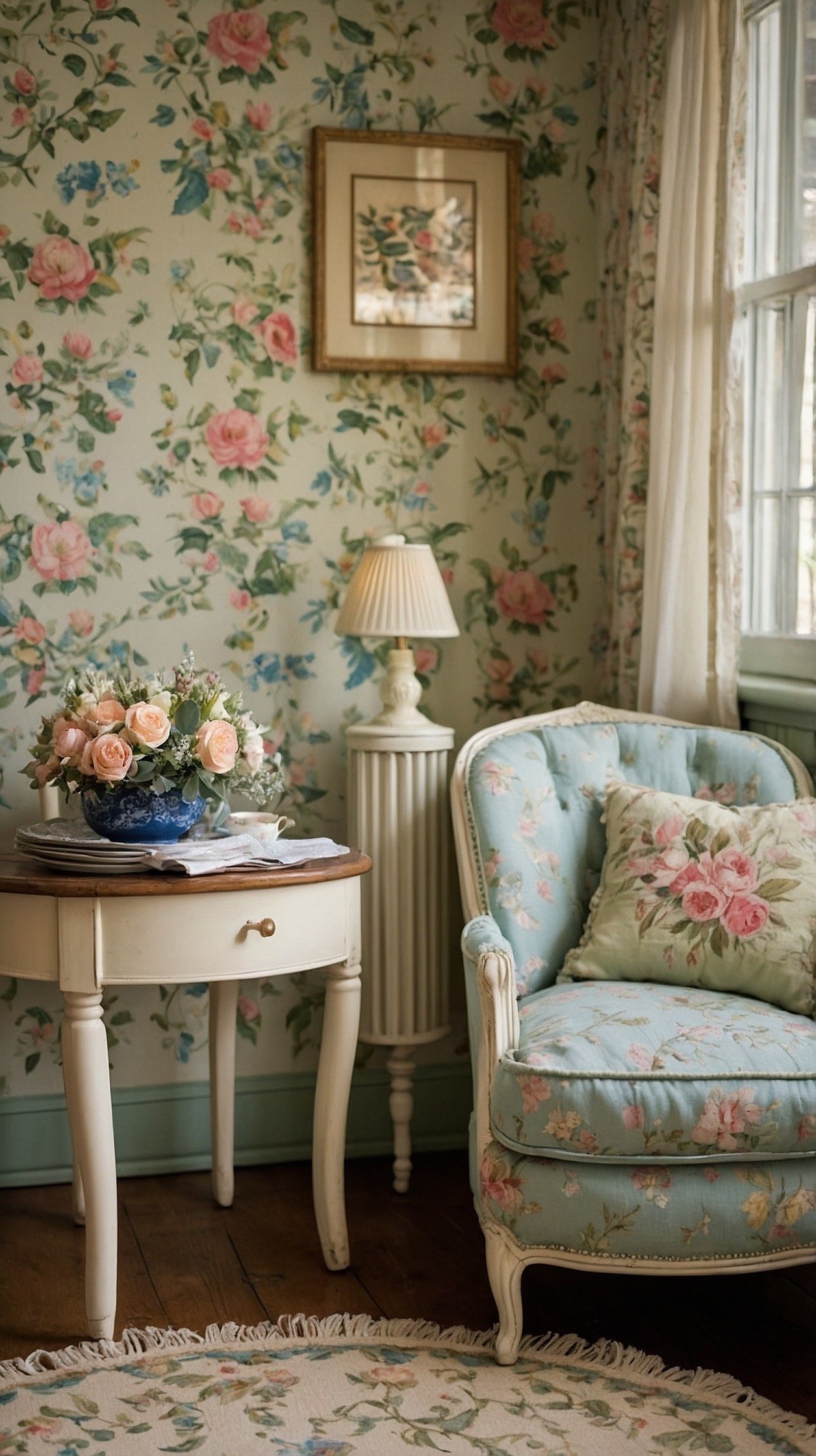 Detail closeup, storybook charm: Floral chintz club chair arm and seat cushion in focus beside a painted beadboard wall in buttery cream; plate shelf above displaying vintage teacups and tiny frames; scalloped side table painted sage holding a lamp with a pleated ticking-stripe fabric shade; braided wool rug edge visible; ribbon-tied bookmark hanging from a peg; palette cream, sage, blush, soft blue; soft, cozy lighting, photorealistic.