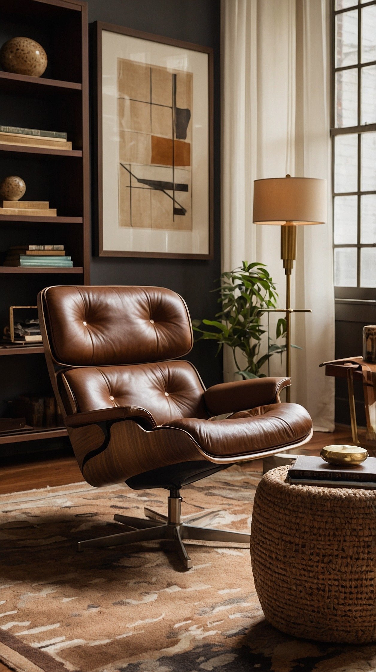 Wide shot, mid-century lounge: A woven leather-and-walnut lounge chair slightly reclined on a geomod rug in camel and espresso; round walnut side table with a ceramic ashtray repurposed as a trinket dish; brass orb floor lamp casting an evening glow; low walnut bookcase behind with a framed abstract in sienna and black; retro flip clock on the shelf; palette walnut, camel, brass, espresso; textures woven leather, wool rug, smooth veneer; warm, photorealistic.