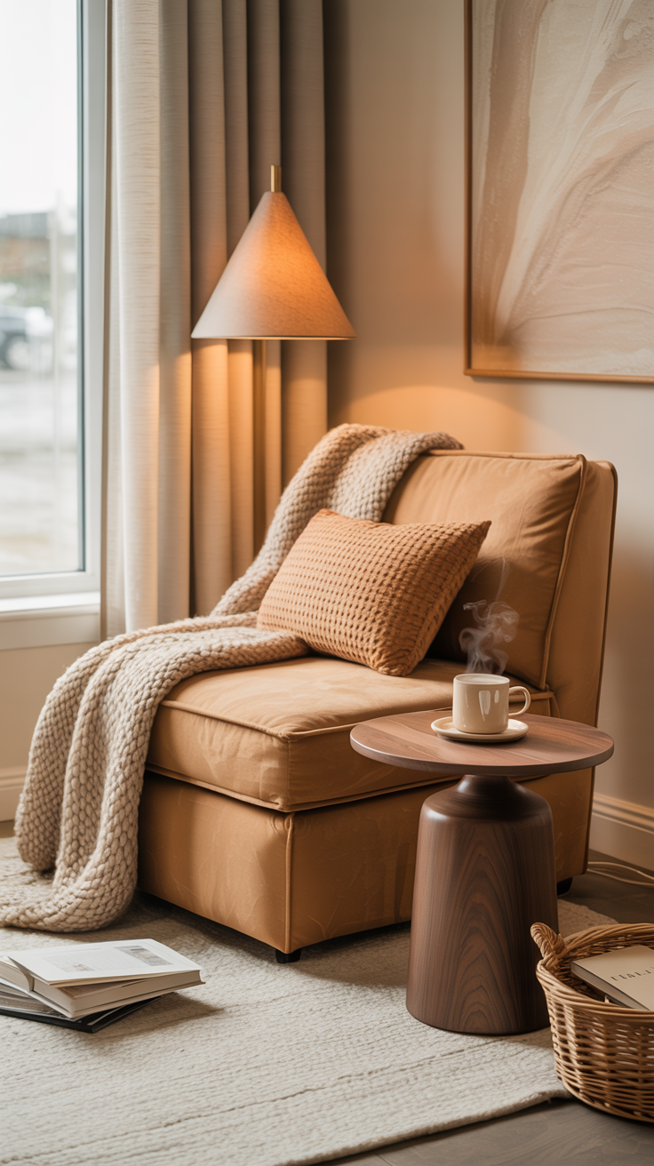 Photorealistic medium shot of a warm latte-toned reading corner by a window: a tan microfiber slipper chair (armless, low-profile) tucked beside a walnut round pedestal side table holding a steaming mug; a cone-shaped fabric floor lamp casting a warm glow; chunky oatmeal knit throw draped over the chair and a textured camel lumbar pillow; low-pile ivory rug underfoot; soft neutral walls with one oversized beige abstract artwork; lidded basket on the floor for current reads. Palette: latte, cream, walnut, soft white. Cozy café-on-a-rainy-day mood.