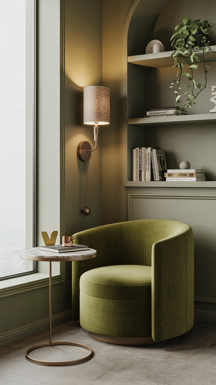 Photorealistic wide shot of a modern window alcove with a compact moss green velvet barrel swivel chair oriented toward a large window; slim wall-mounted sconce with a linen shade saving floor space; marble-topped C-table hugging the chair’s curve with a brass accent bookmark and cup; floating shelves with stacked hardcovers and a trailing pothos; walls in soft gray to make the green pop. Finishes: brass, velvet, linen, polished stone. Sleek, slightly luxe lighting at golden hour.
