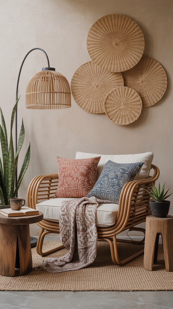 Photorealistic medium shot of a boho rattan retreat: low-profile rattan lounge chair with deep ecru cushion; block-printed throw casually draped; two patterned pillows—one terracotta, one indigo; flatweave jute rug grounding the space; mango wood side table with a book and ceramic cup; bent-arm floor lamp with a rattan shade echoing textures; tall snake plant and small aloe on a stool; wall cluster of woven baskets as art. Palette: ecru, terracotta, indigo, natural wood. Breezy, sun-kissed daytime light.