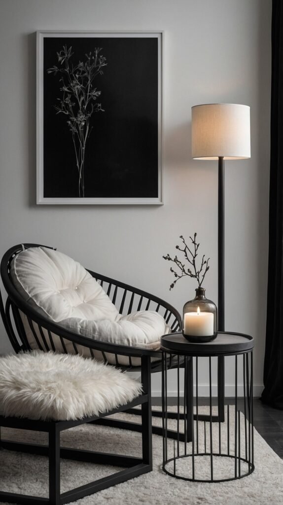 Photorealistic detail closeup focusing on monochrome minimalism: slim black metal-framed lounge chair with matte charcoal seat cushion; a soft bouclé lumbar pillow adding texture; edge of a leaning stick lamp with a simple tubular shade disappearing behind the chair; black nesting tables, one slightly pulled out with a white book and candle; thin-framed black-and-white photograph on a white wall in the background. Palette: black, charcoal, white. Clean, gallery-calm mood with diffused, even lighting.