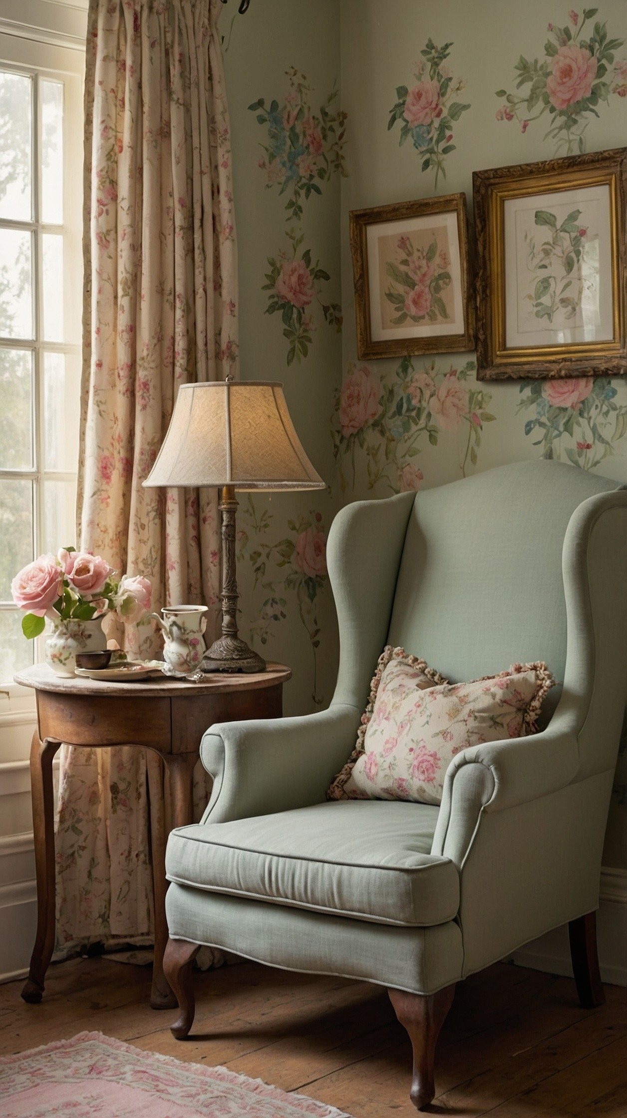 Photorealistic corner medium shot of a cottage core bay: petite wingback chair in dusty sage set in a sunny nook; floral chintz pillow centered; vintage-style floor lamp with a fringed shade glowing warmly; distressed round table with tea and shortbread; checked wool throw folded over the arm; cream-painted beadboard or panel molding on the wall; small stack of classics and a tiny brass bookmark dish. Palette: sage, buttercream, soft rose, antique white. Gentle afternoon light, storybook charm.