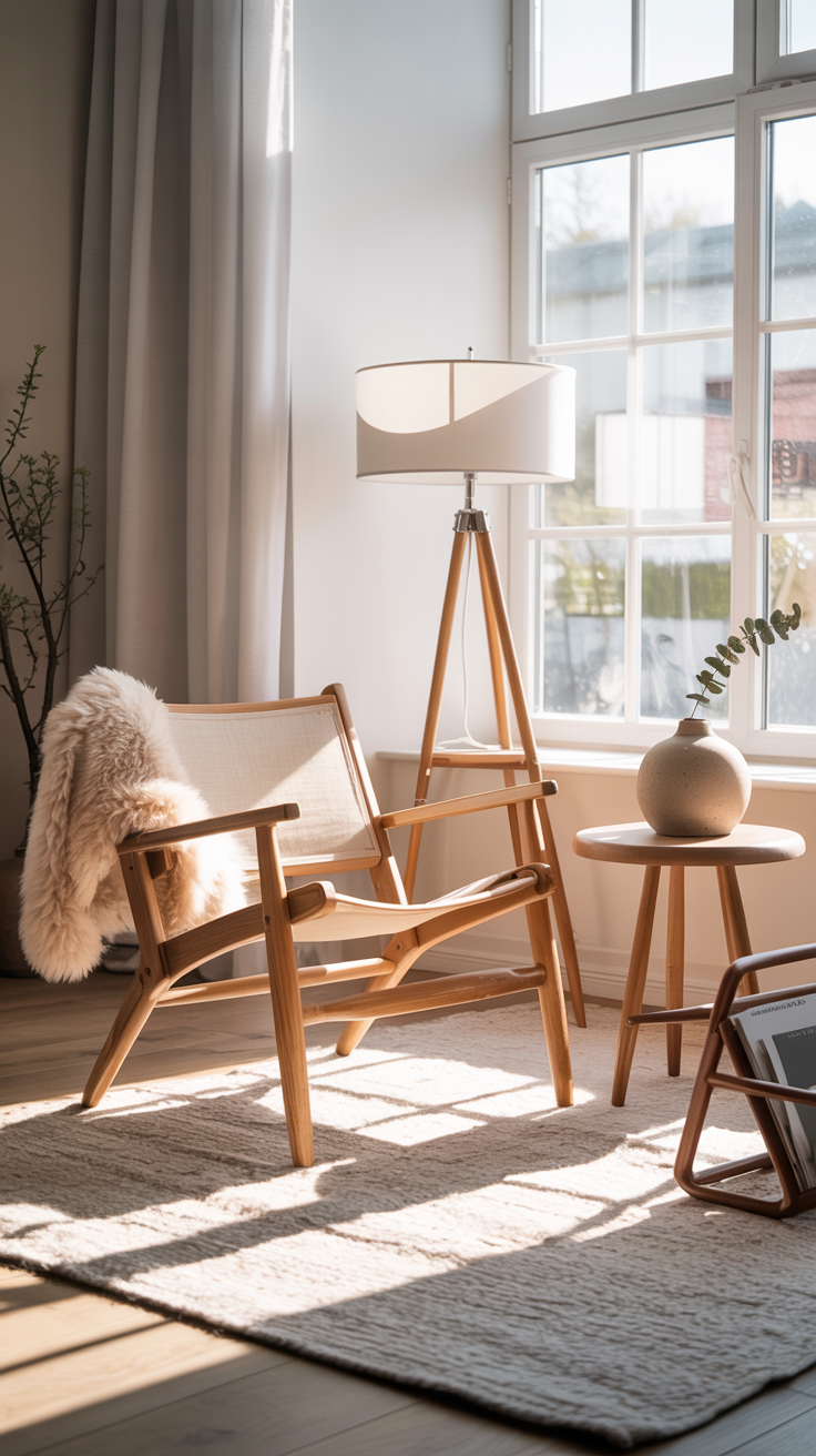 Photorealistic wide shot of a Scandi sunbeam setup: natural oak sling chair with canvas upholstery positioned by a bright window, morning sunlight streaming in; tripod lamp with a white drum shade; Scandi stool as a side table with a single stoneware vase and eucalyptus sprig; shearling throw draped over the chair back; light wool flatweave rug defining the area; slim bentwood magazine rack nearby. Palette: white, pale oak, soft taupe, warm sand. Airy, minimal, calm atmosphere.