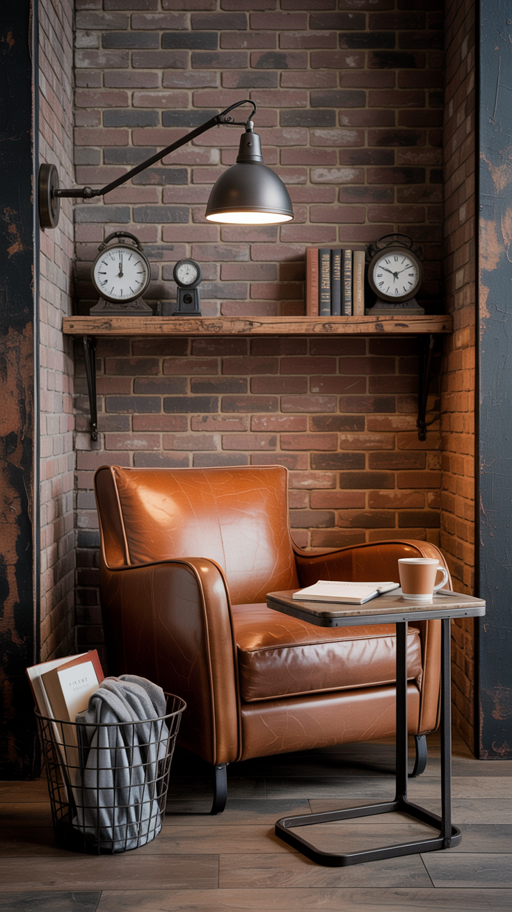 Photorealistic medium shot of an industrial niche: compact cognac leather club chair with aged patina under warm light; blackened steel swing-arm wall lamp mounted above; narrow metal-and-wood C-table with a notebook and coffee; wire basket on the floor for blankets and paperbacks; backdrop of exposed brick (or brick-look wallpaper); reclaimed wood wall shelf with vintage clocks and sturdy bookends. Palette: cognac, charcoal, iron, tobacco. Moody, loft-like ambiance.