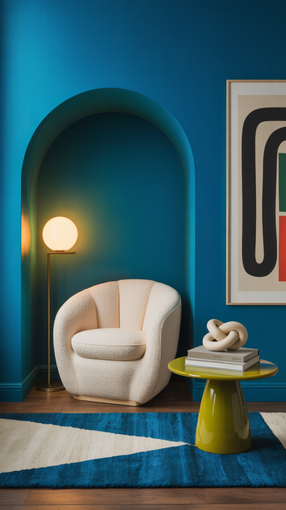 Photorealistic detail/medium hybrid focusing on bold color: a small alcove painted saturated cerulean (or mulberry) as an accent wall; sculptural cream bouclé accent chair with curved silhouette centered; lacquered pedestal side table in a complementary bright (chartreuse or berry) holding a single stack of art books and a ceramic knot; globe floor lamp providing diffuse light; geometric rug echoing the accent color; large modern print with graphic lines on the wall. Playful yet balanced mood.