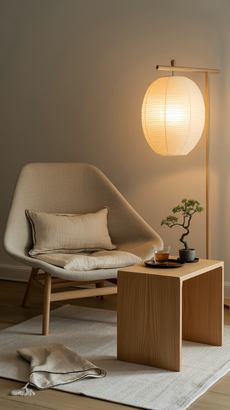 Photorealistic serene medium shot of a Japandi corner: low, wide lounge chair in linen-beige with ash wood legs; rice-paper pendant (or paper lantern floor lamp) giving weightless glow; rectangular oak side table with a tea tray and a small bonsai; textiles include a linen cushion and a cotton throw with a thin black border; tatami-style mat or pale woven rug underfoot. Palette: sand, ash wood, soft charcoal, white. Minimal composition with soothing, even lighting.
