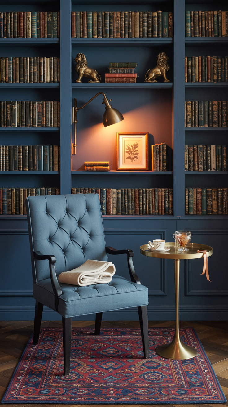 Photorealistic wide shot of a petite library wall: floor-to-ceiling narrow bookcases painted deep navy (or forest green), filled with books and an antique bookend pair; swing-arm picture light illuminating the shelves; in front, a tufted apartment-sized chair in light gray (tight back, slim arms) with a folded cashmere throw over the arm; brass martini table beside holding a bookmark and teacup; Persian-style runner turned horizontally to zone the space; framed botanical print leaning on a shelf. Jewel-toned, classic study ambience.