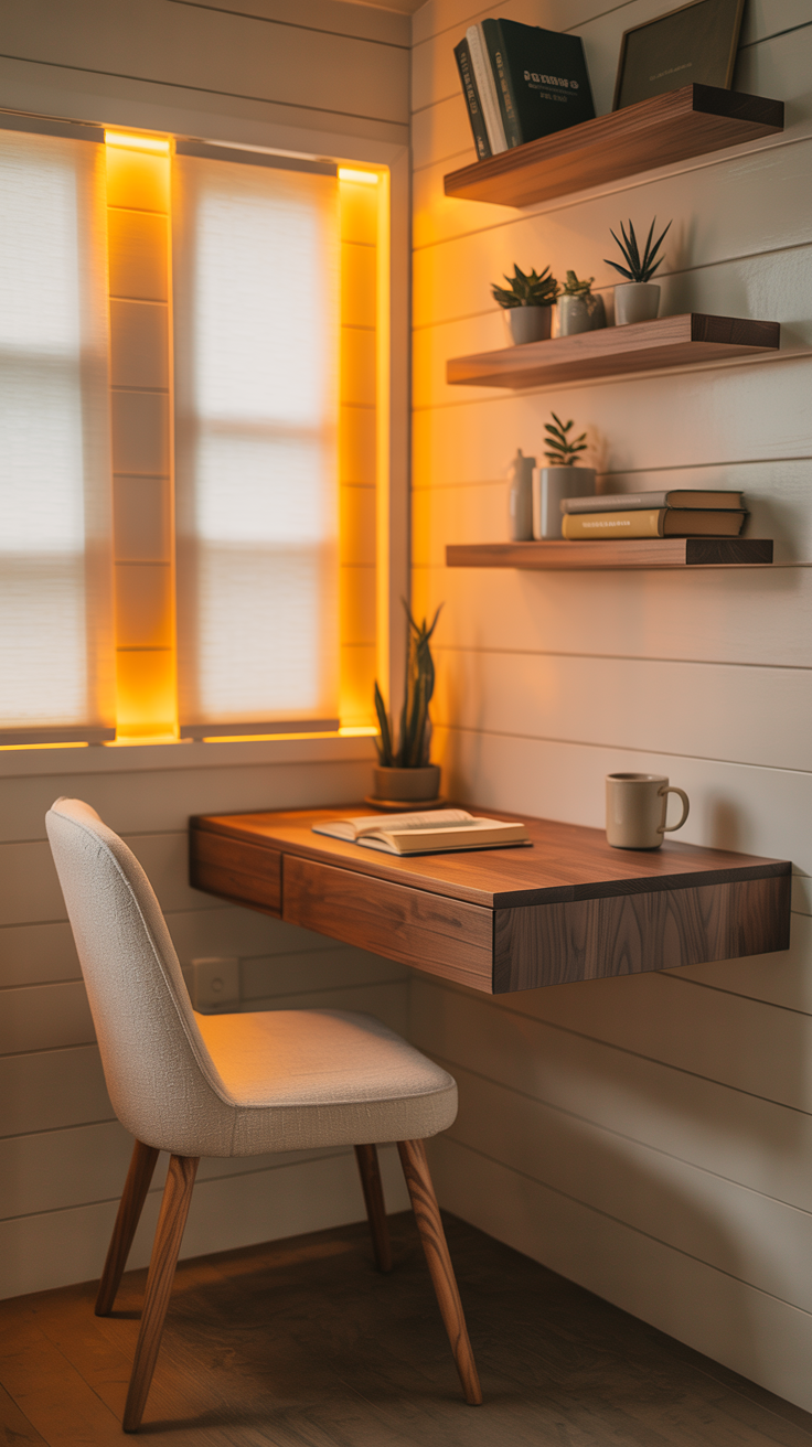 Tiny house workspace with a floating wood desk, compact chair, wall shelves, and warm minimalist decor.