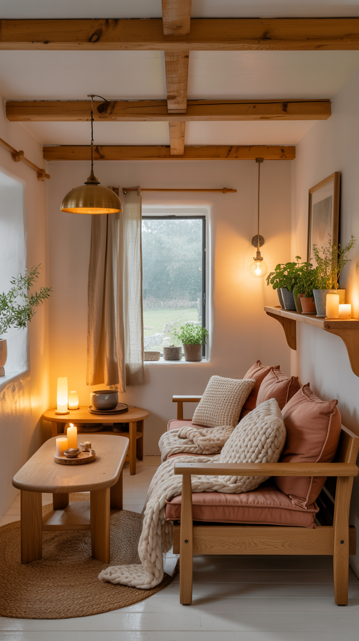 Tiny cottage interior with warm white walls, natural wood furniture, soft textiles, and cozy small space styling.