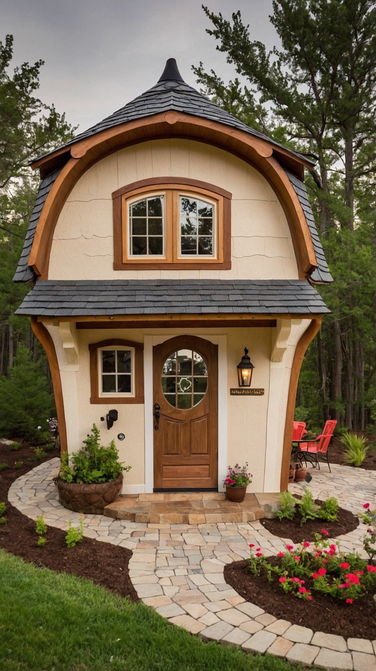 Storybook fantasy tiny house with a curved shingle roof, cream plaster walls, flower boxes, and whimsical cottage windows.