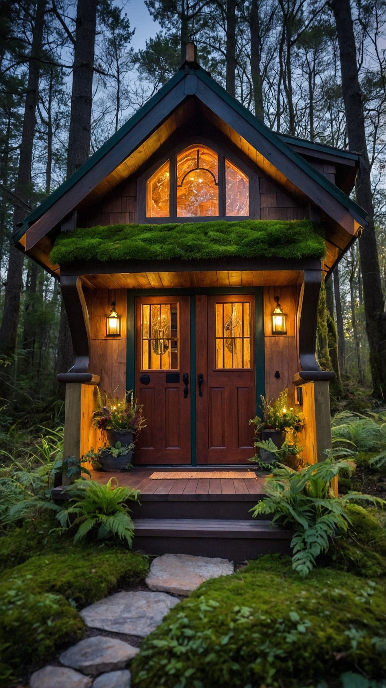 Fantasy tiny house designed as an enchanted woodland cottage with a mossy roof, curved doorway, timber walls, and glowing windows.
