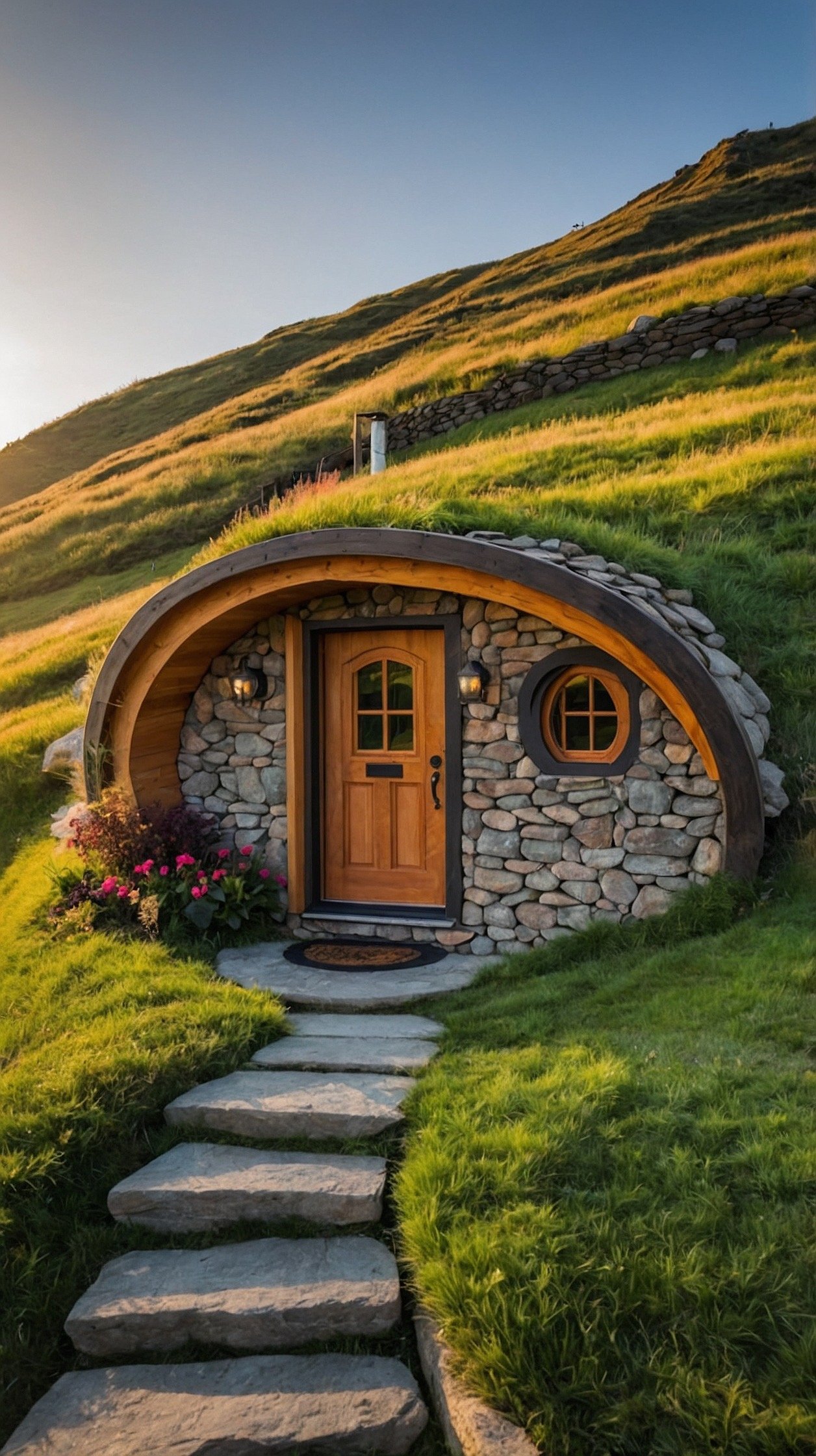 Fantasy hillside tiny house with a round wooden door, grass roof, stone walls, and cozy hobbit inspired design.