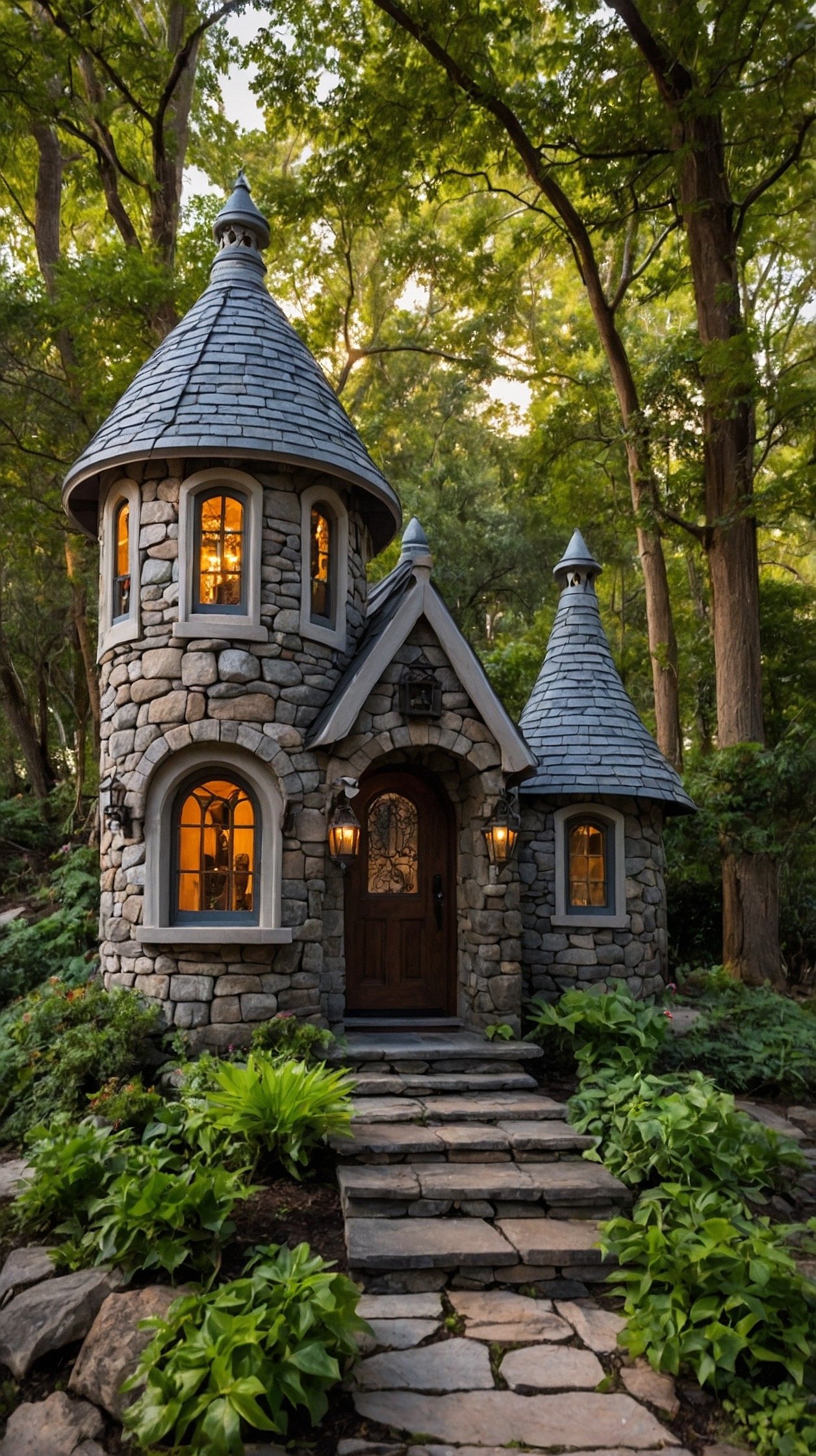 Fantasy tiny house designed as a miniature stone castle with an arched doorway, small turret, iron lanterns, and climbing ivy.