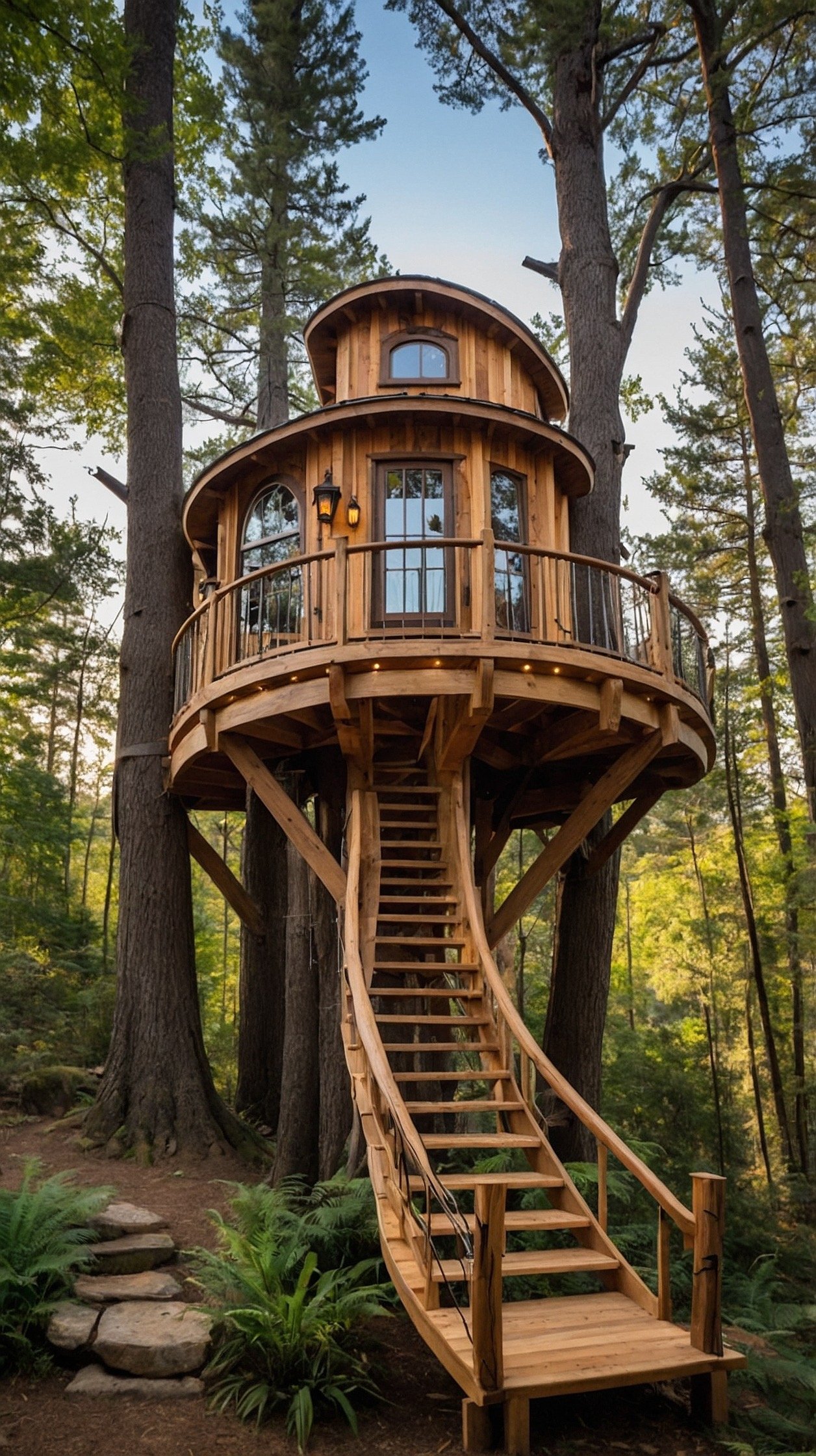 Fairytale fantasy treehouse tiny home with timber walls, curved balcony, rope bridge, lanterns, and forest views.