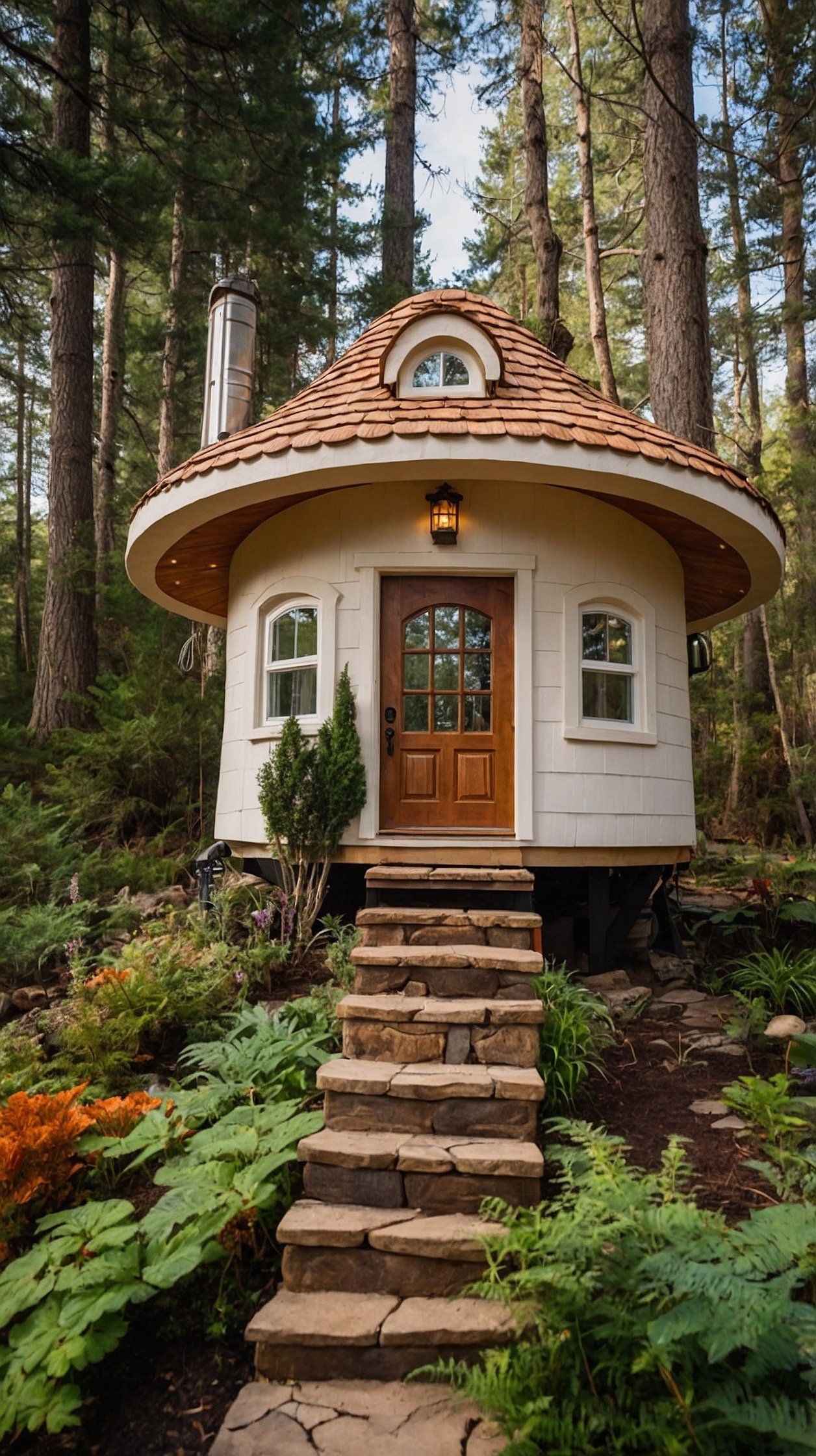 Fantasy tiny house with a whimsical mushroom shaped roof, curved cream walls, tiny windows, and an enchanted woodland garden.