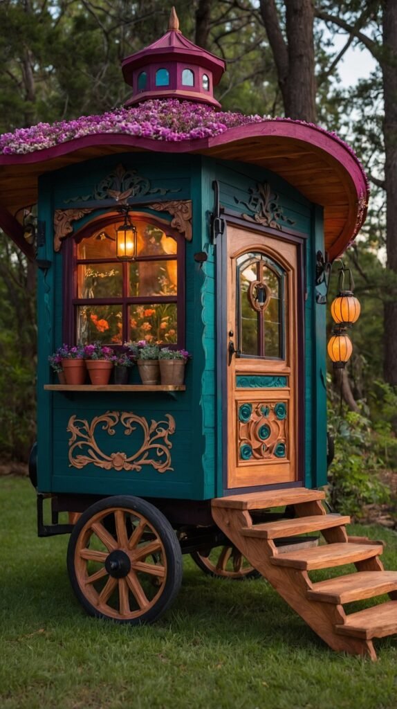 Fantasy tiny wagon house with carved wood details, jewel toned paint, curved roof, floral steps, and glowing lanterns.