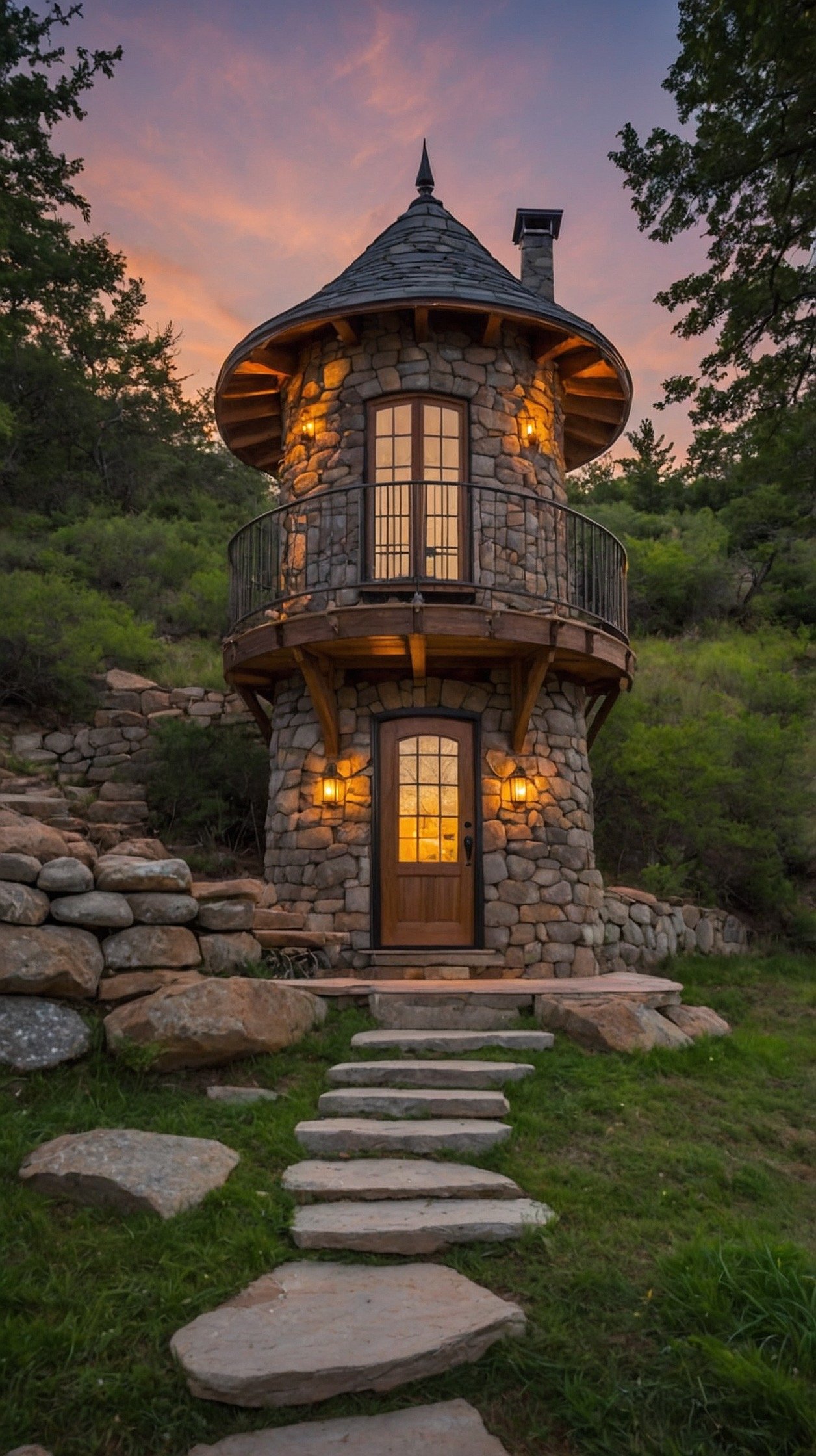 Fantasy tower tiny house with stone walls, winding stairs, arched windows, and a glowing lantern room at the top.