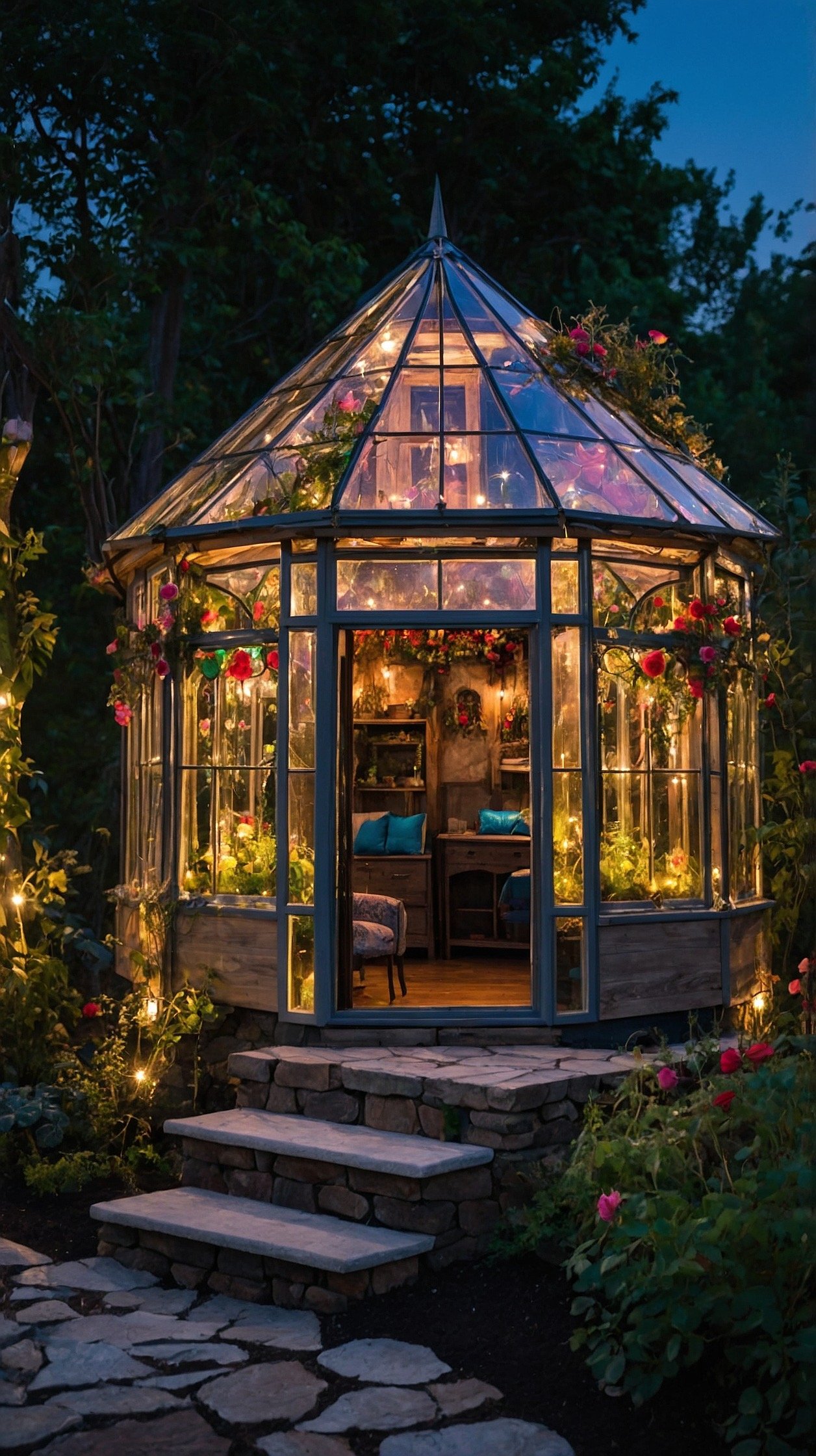 Fantasy glass garden tiny house with arched windows, climbing roses, glowing lights, plants, and an elegant enchanted greenhouse design.