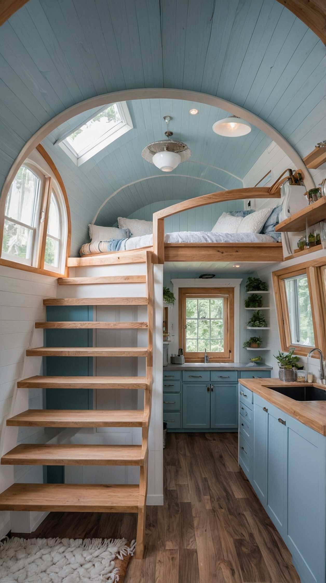 Dreamy fantasy tiny house interior with curved white walls, pale blue ceiling, loft bed, soft lighting, and cloud inspired details.