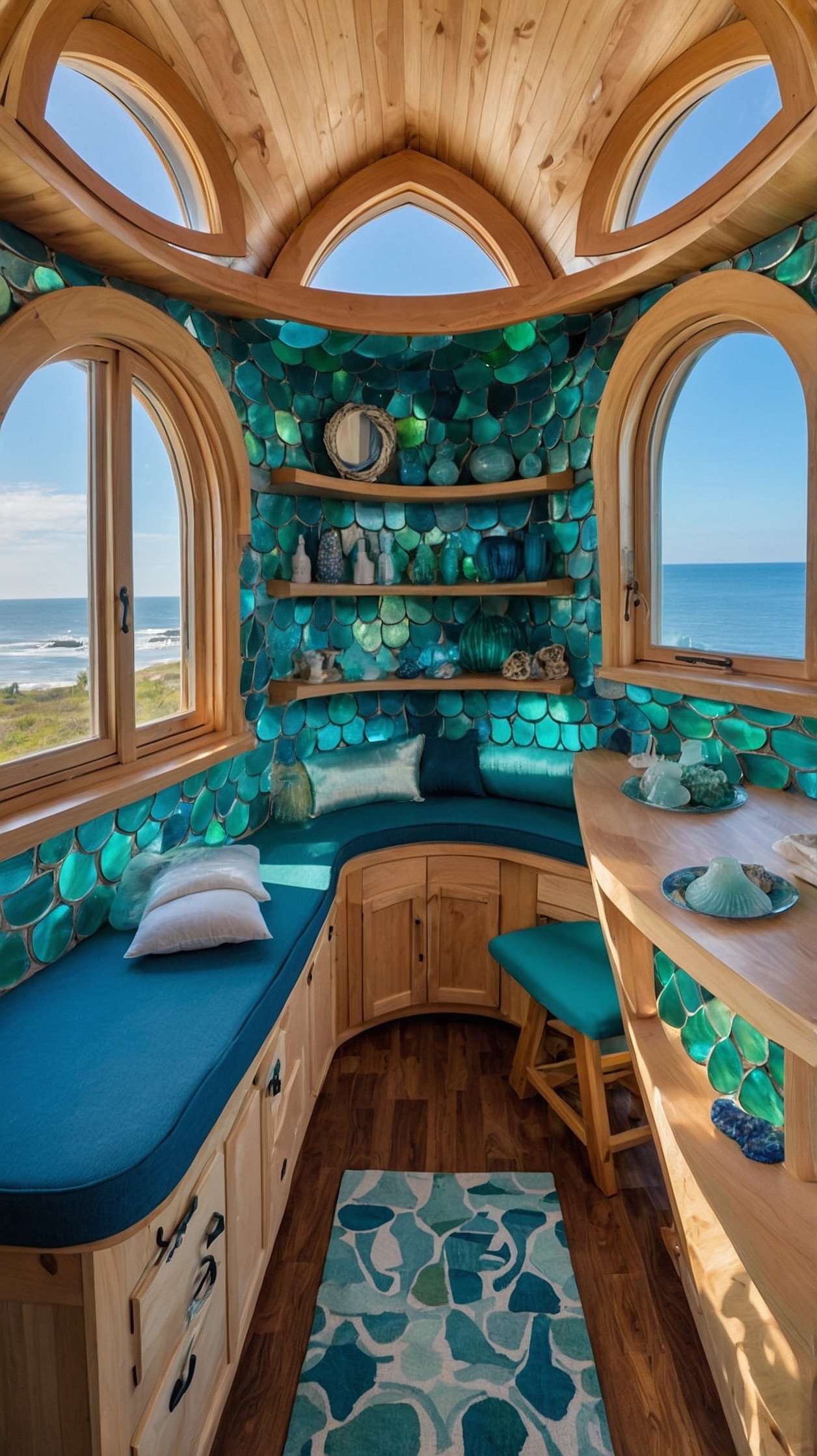 Fantasy coastal tiny house with shell shaped details, sea glass windows, curved walls, blue green colors, and mermaid inspired decor.