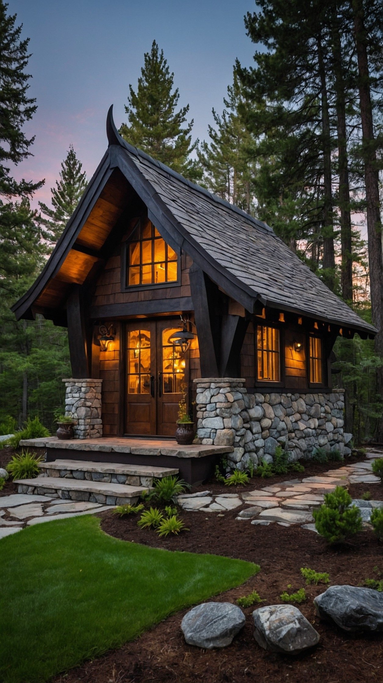 Fantasy tiny cabin with dark timber, scaled roof shingles, stone fireplace, iron details, and a dramatic dragon inspired design.