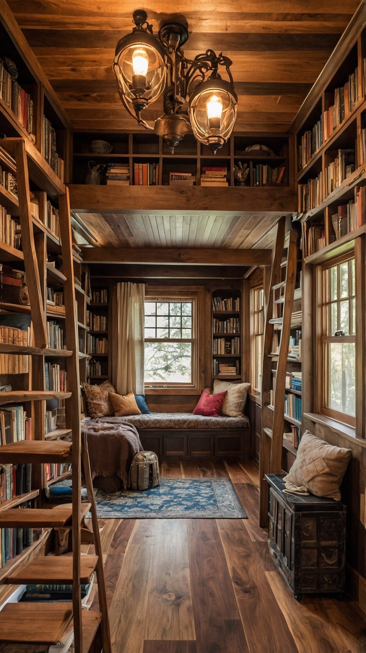 Fantasy tiny house interior with floor to ceiling bookshelves, rolling ladder, window seat, warm lanterns, and an enchanted library design.