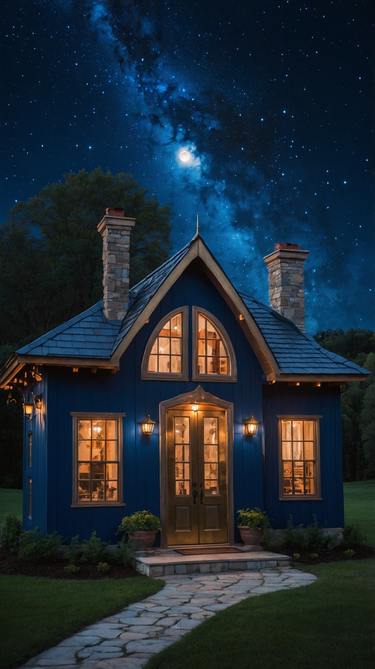 Moonlit fantasy tiny cottage with deep blue walls, star shaped windows, brass details, glowing lanterns, and celestial decor.